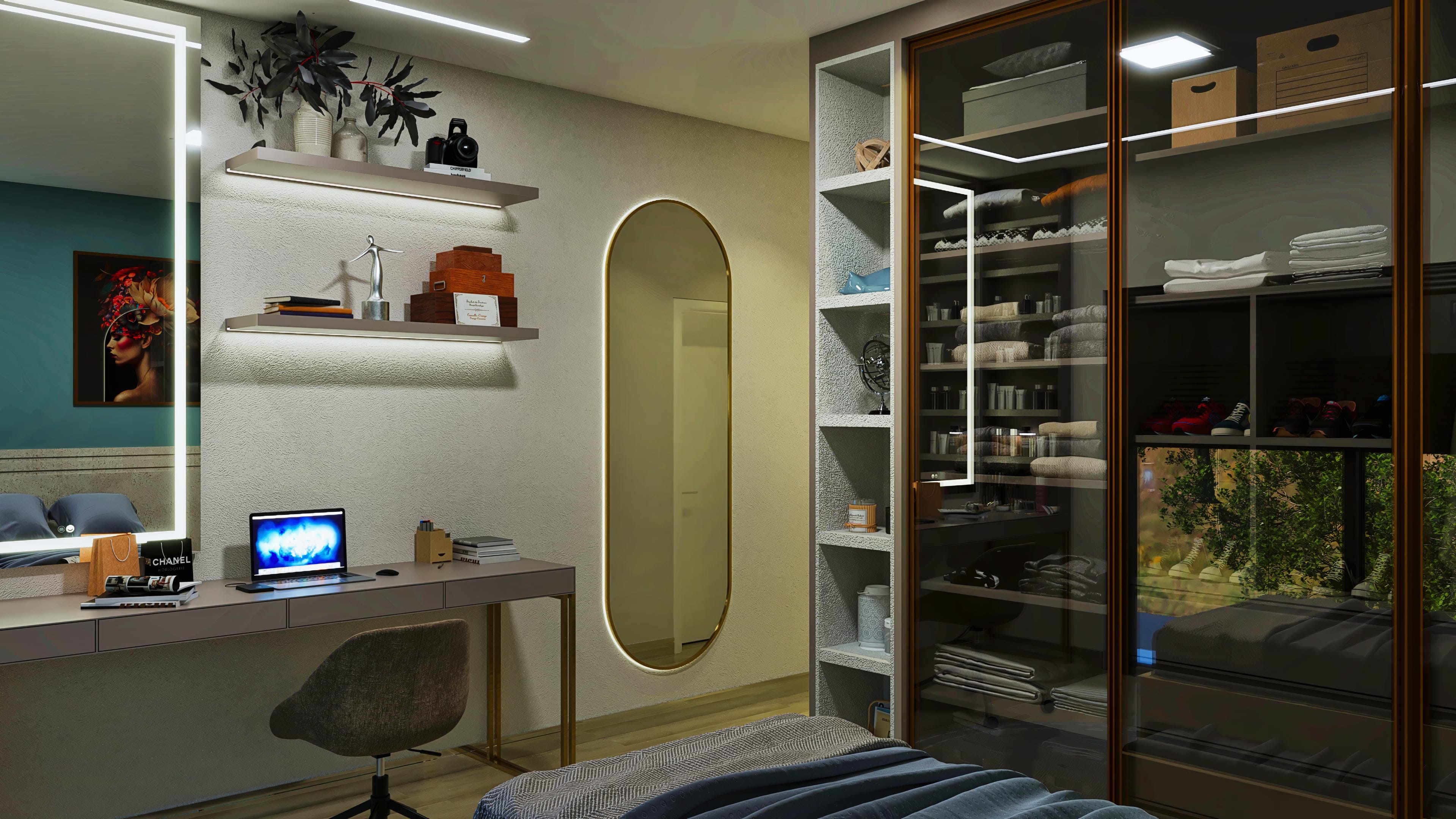 Interior de suite master con closet a medida y área de oficina, destacando un espejo ovalado iluminado, armarios con puertas de cristal y textura en las paredes.