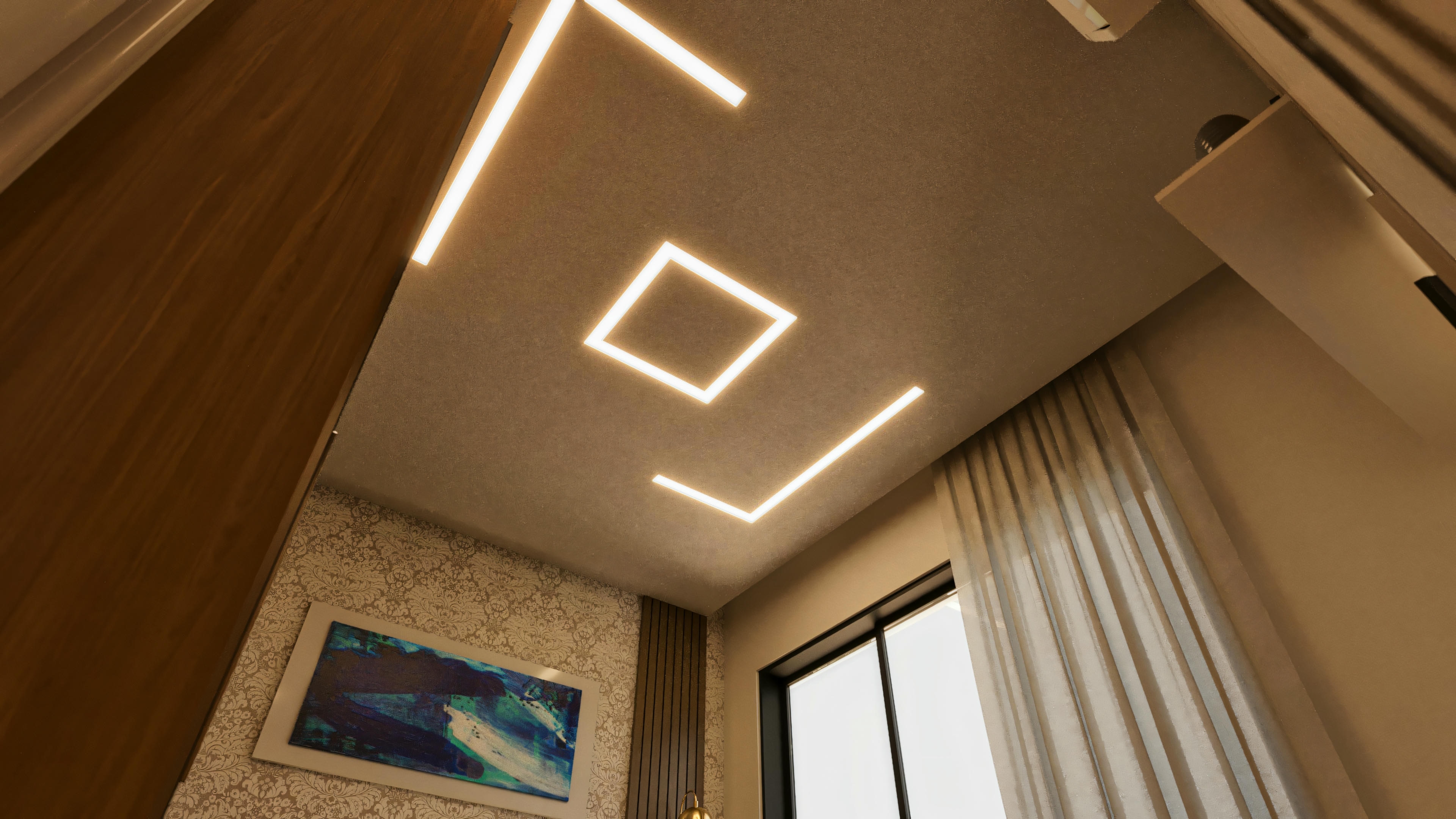 Detalhe do teto de quarto suíte com projeto de iluminação moderno, incluindo perfis de LED lineares e um quadrado central embutidos no gesso, em casa com 4 suítes.