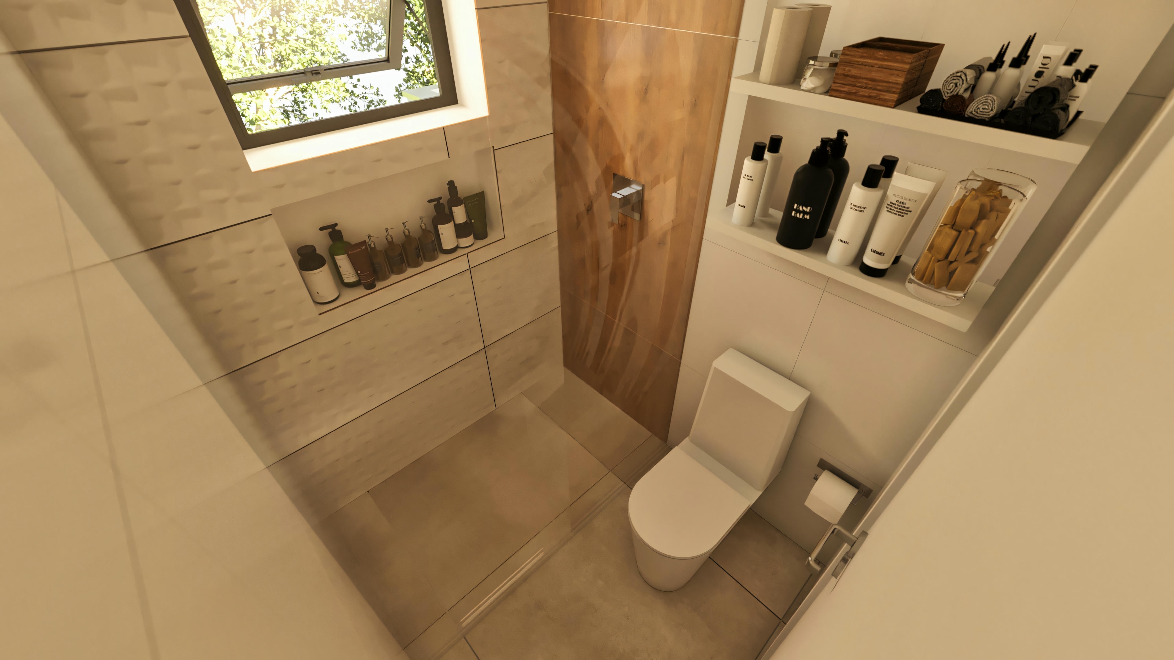Top view of the shower box and toilet area in a modern two-story house bathroom, detailing the niche under the window, the wood panel, and shelves.