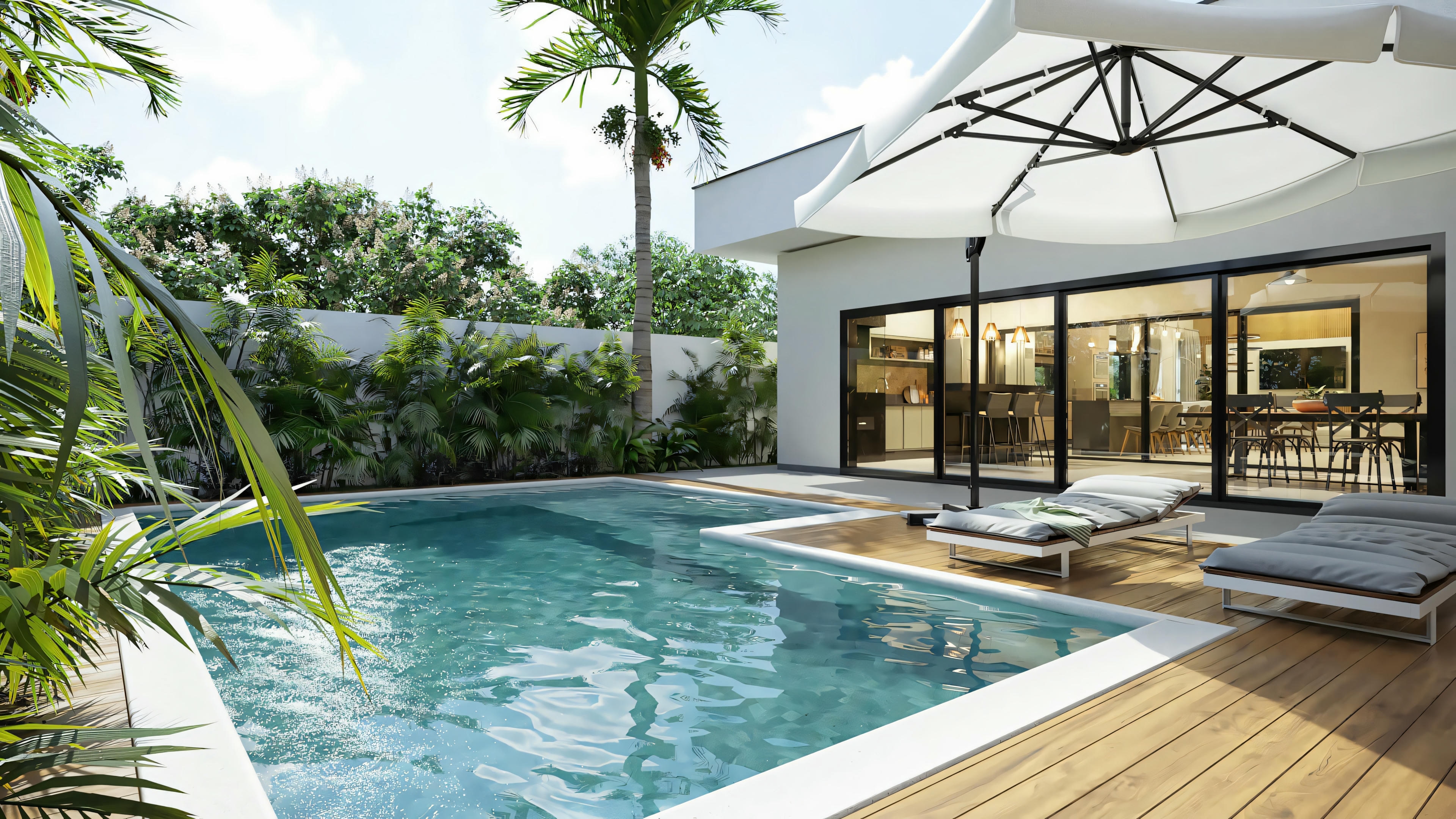 Zona exterior con casa moderna, puertas de vidrio, zona de estar al aire libre bajo pérgola y piscina con terraza de madera.