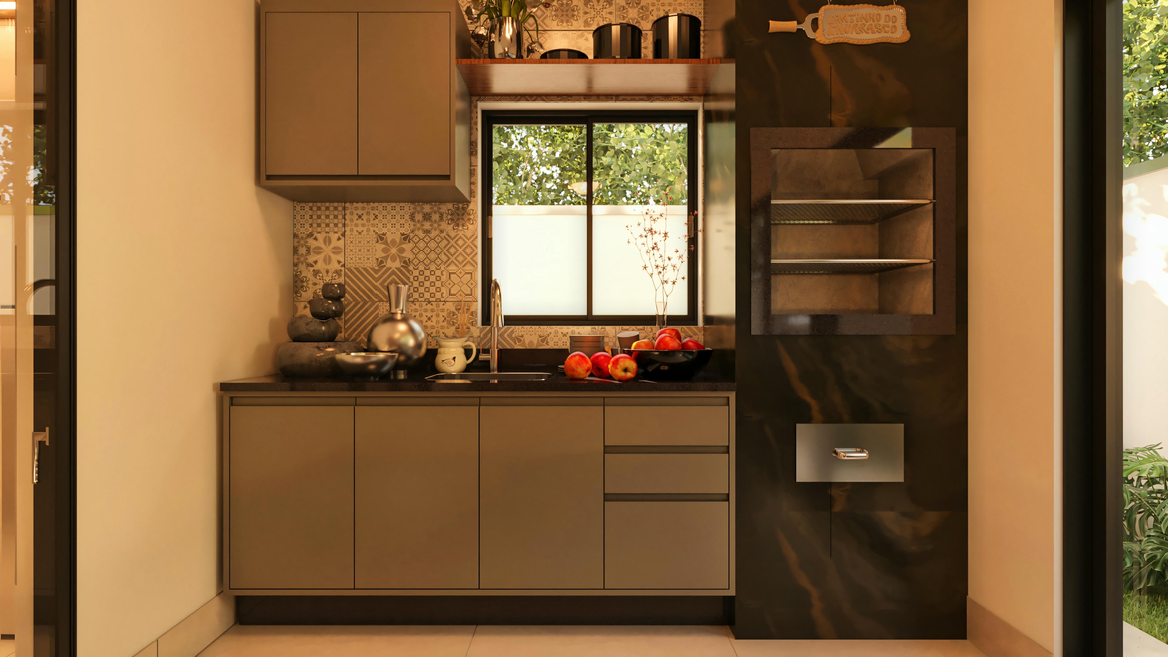 Bancada de apoio da área gourmet em casa moderna de 3 habitaciones, equipada com pia, armários inferiores e superiores em tom neutro, revestimento decorativo, e torre com parrilla/forno embutido.