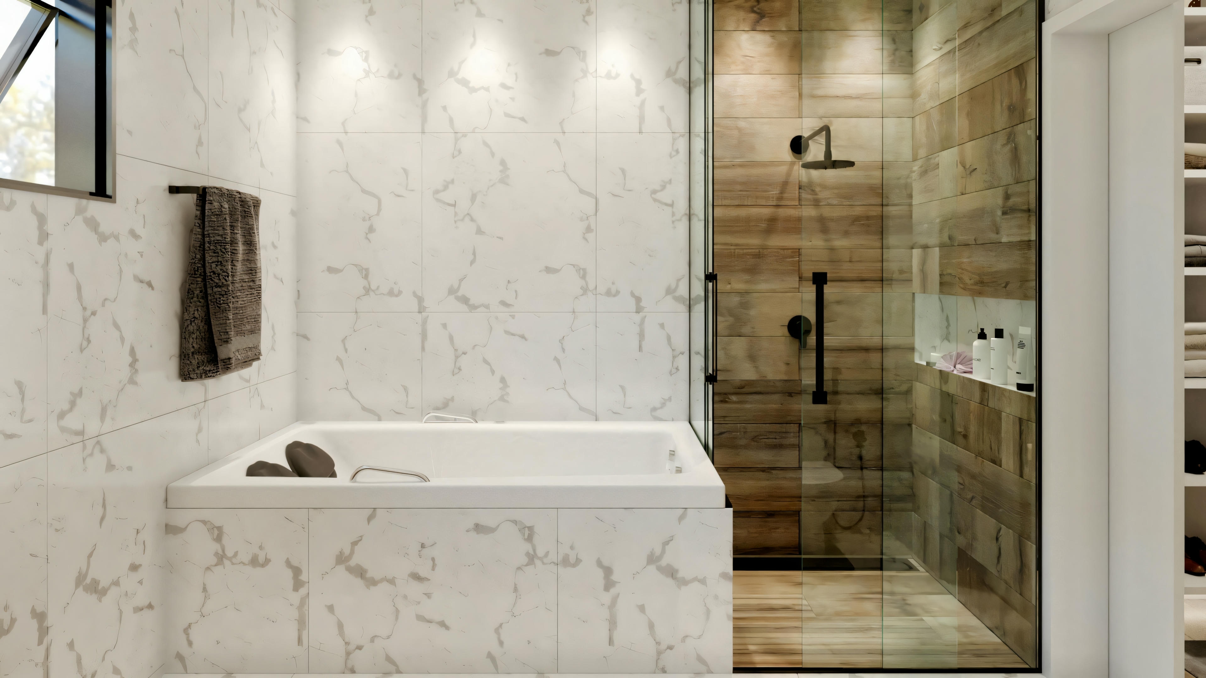 Un baño con bañera y paredes de mármol.
