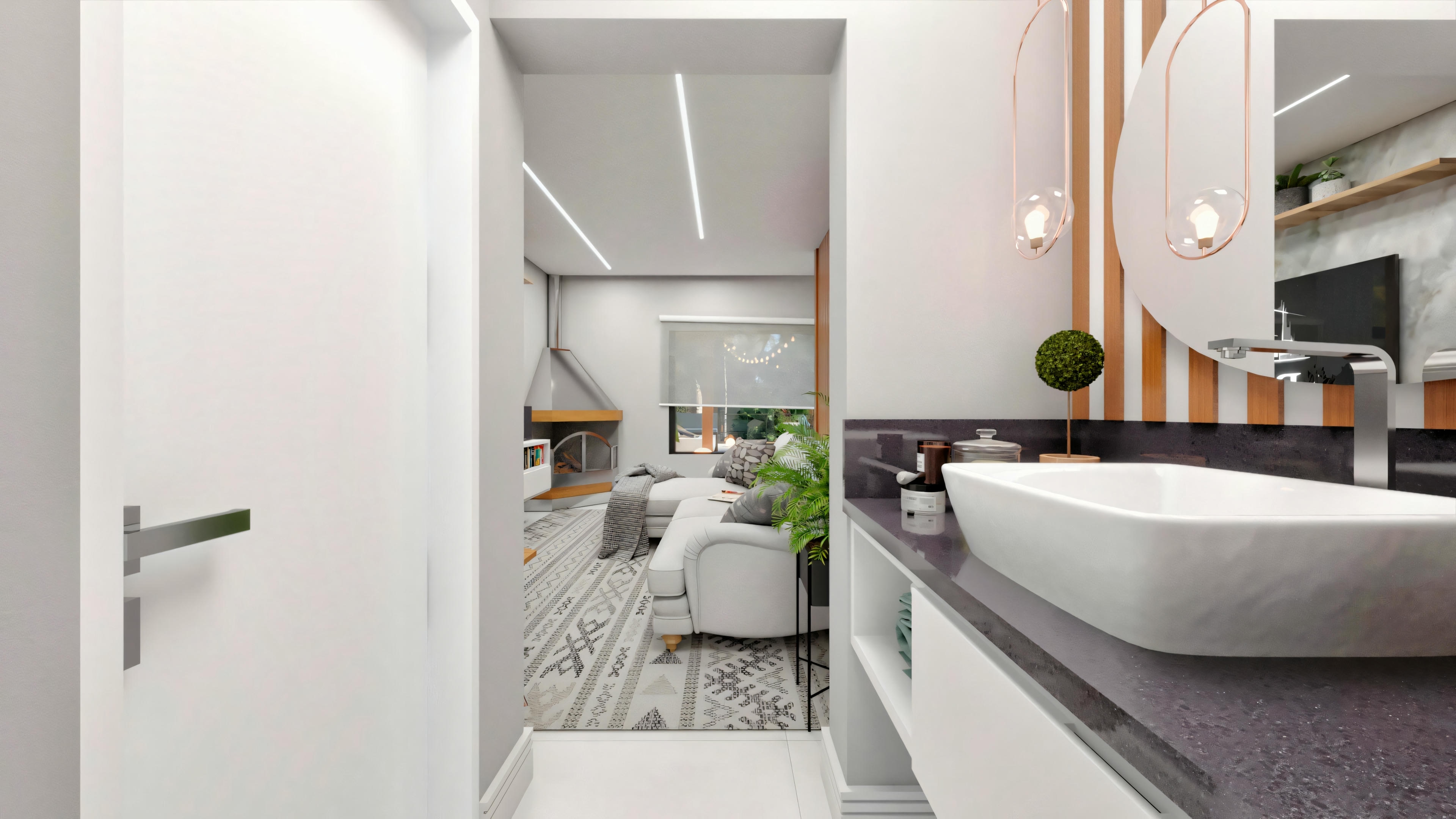 Un baño contemporáneo com espelho grande, lavabo y bañera.