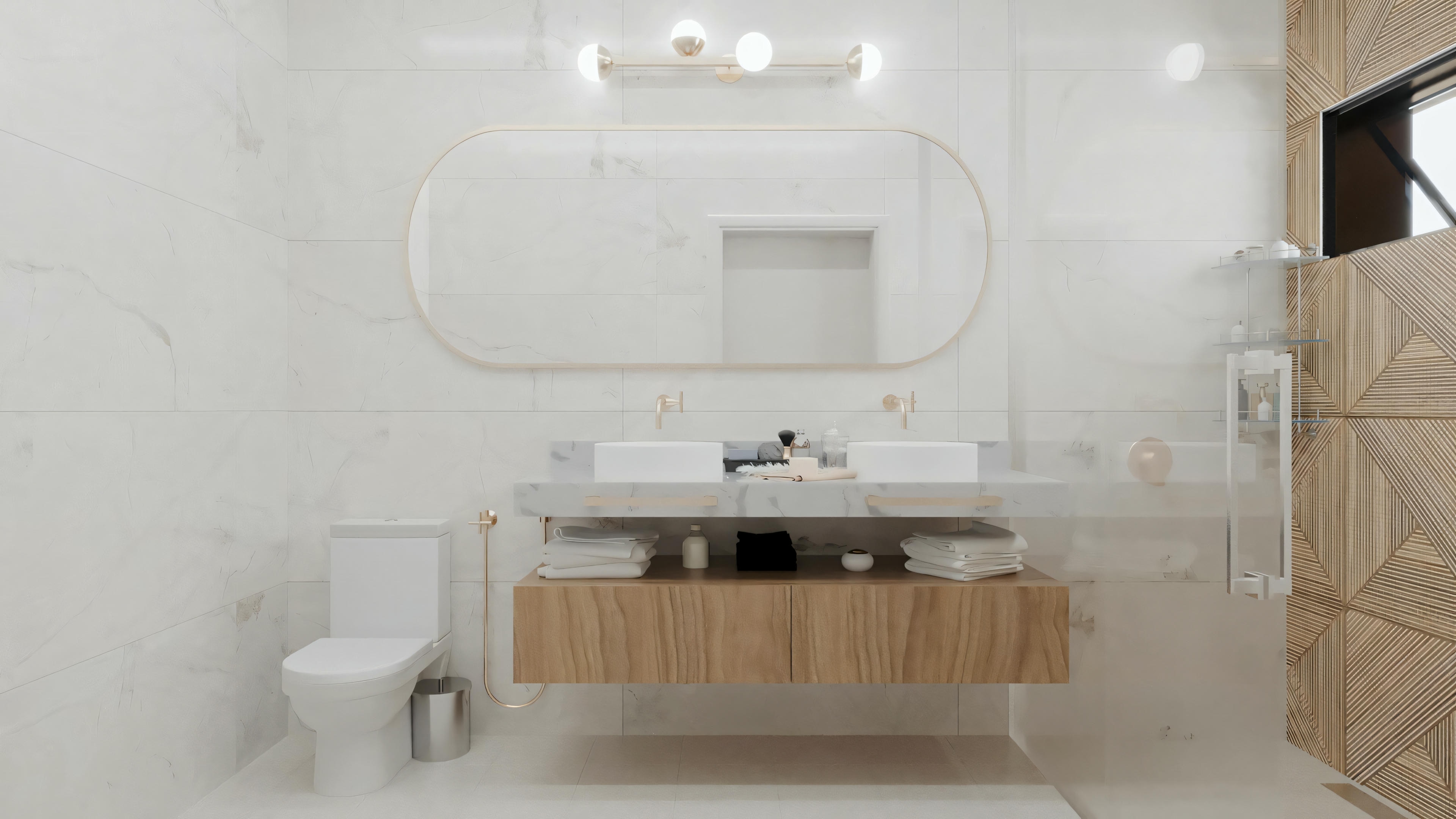Un baño moderno con paredes blancas, espejo grande, lavabo montado en la pared con encimera de madera y varios artículos de tocador.