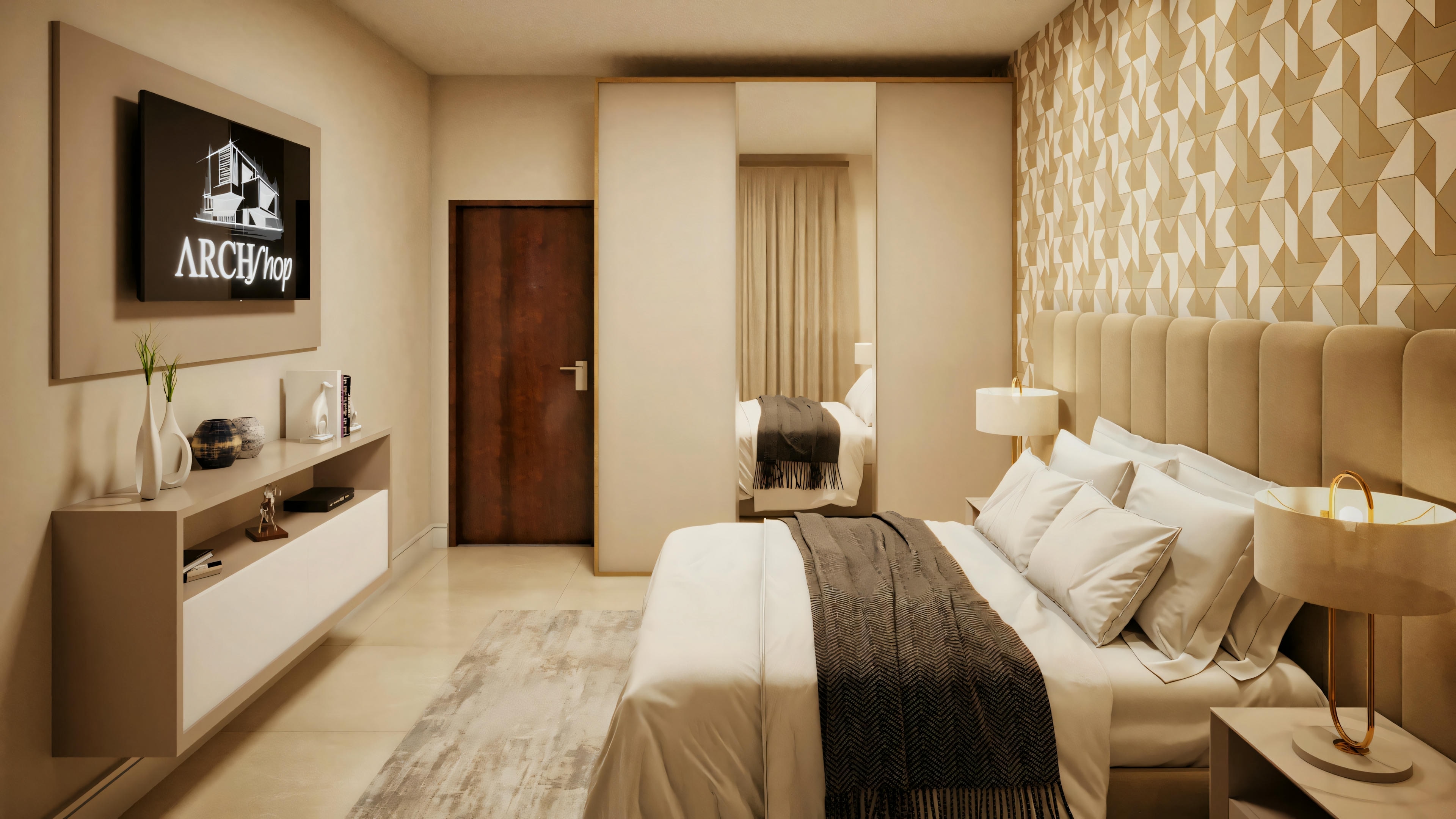 A bedroom with neutral tones and minimalist decor.