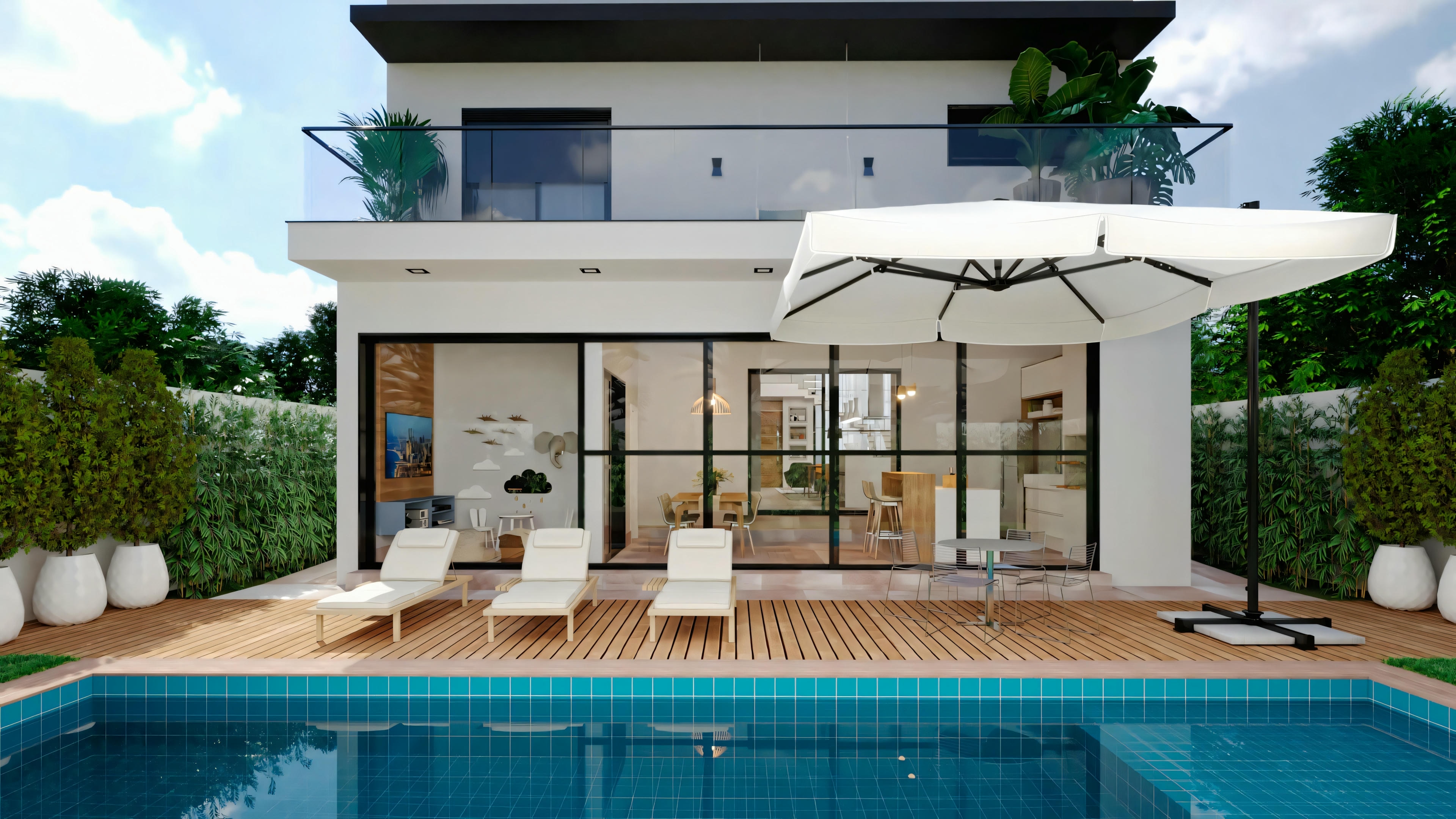 Casa moderna com telhado plano, grandes janelas e piscina ao ar livre cercada por área de pátio.