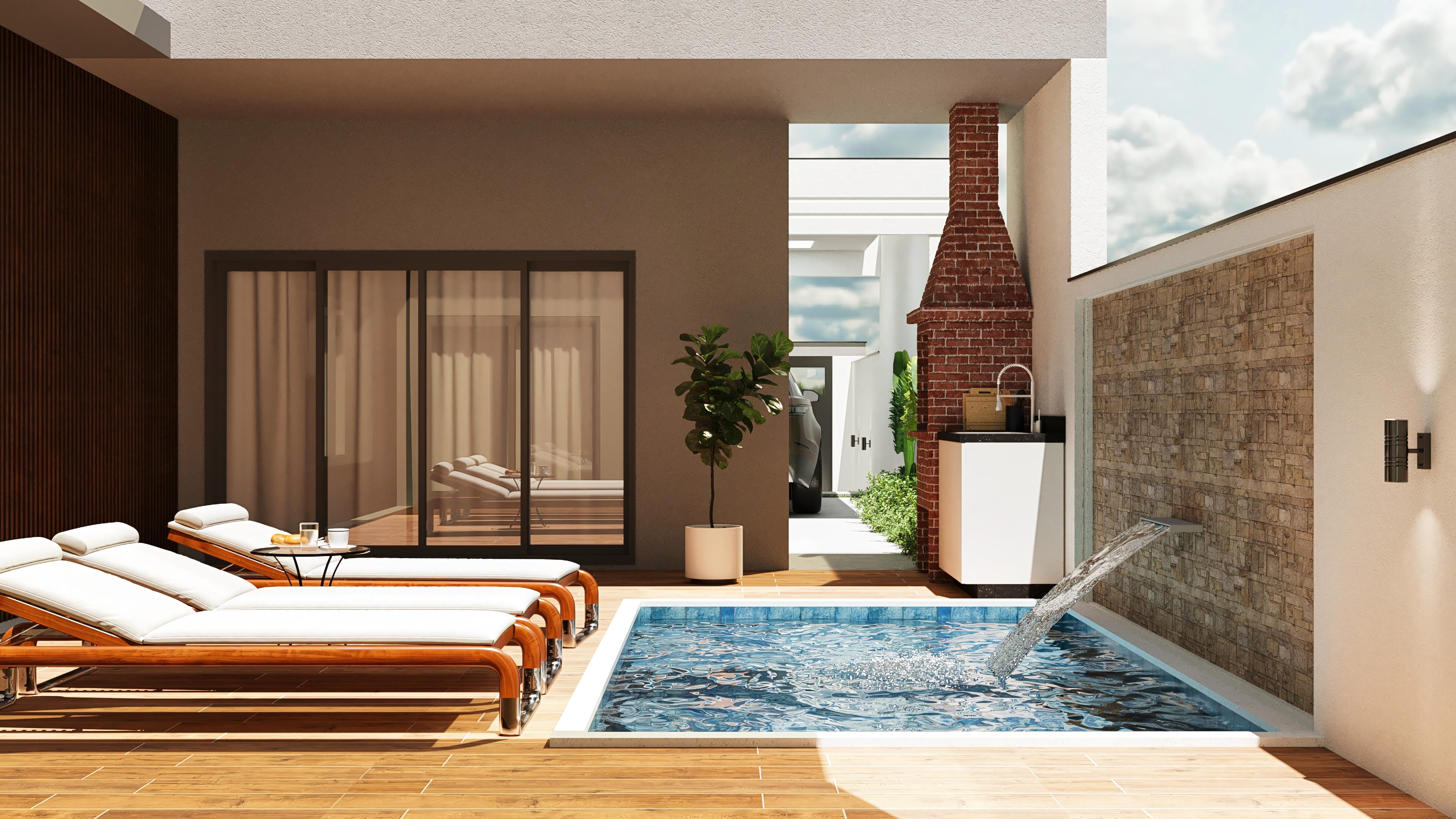 Área de ocio con piscina, barbacoa moderna y deck de madera, integrada a una casa de una planta con fachada en tonos neutros y detalles en madera.