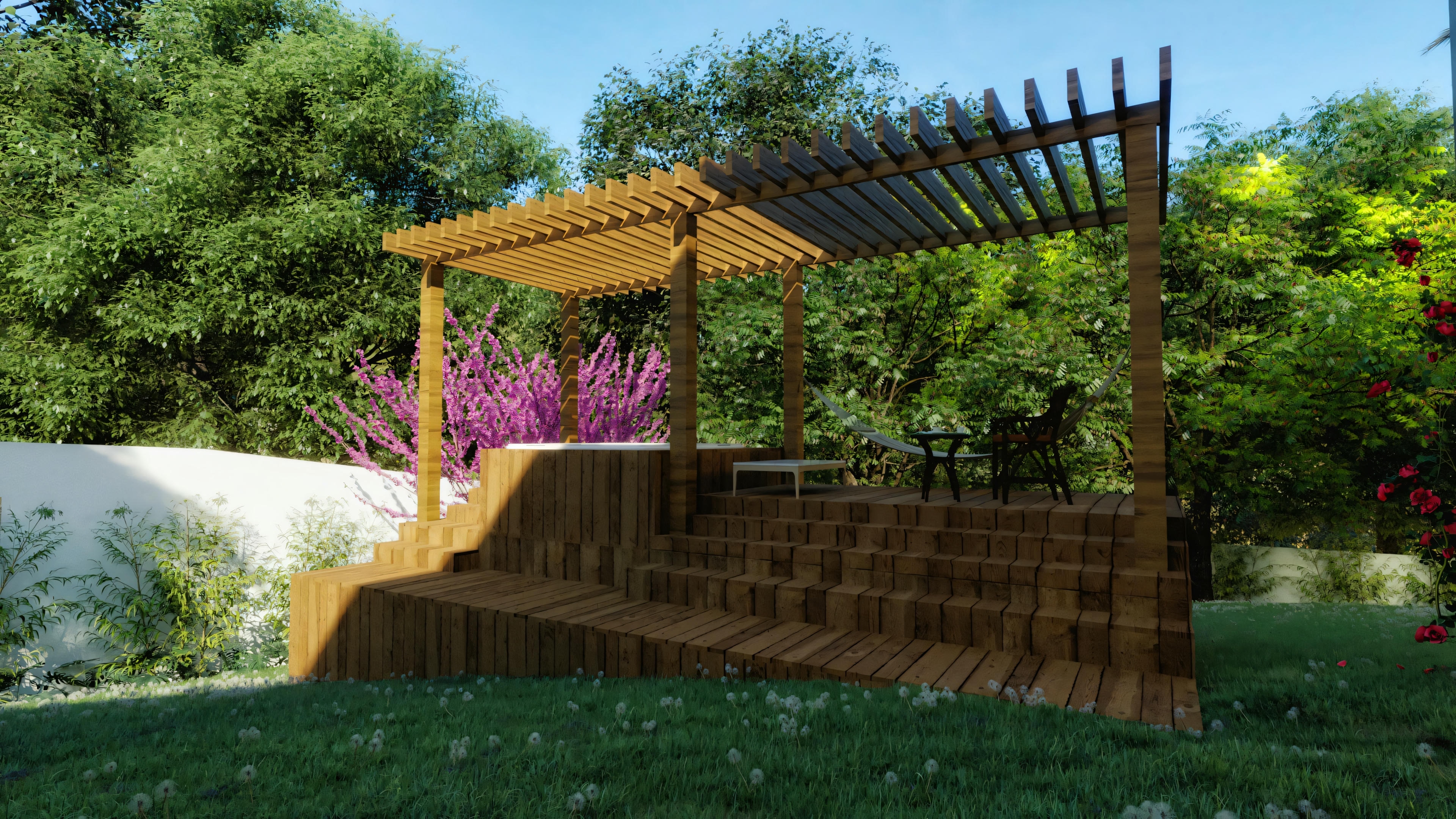 Outdoor leisure area of a 3-bedroom country house, composed of a multi-level wooden deck, pergola, garden furniture, and integrated hot tub, surrounded by vegetation.