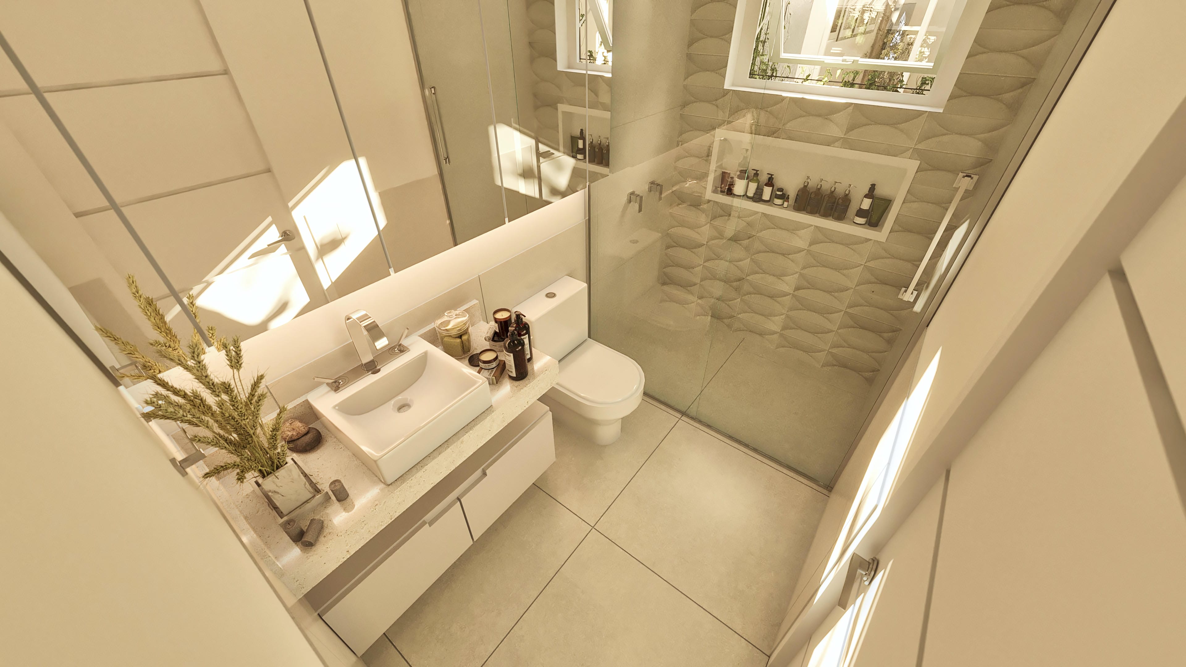 Interior de un cuarto de baño moderno y limpio, con encimera de lavabo suspendida, lavabo blanco, espejo amplio y detalles en nichos empotrados en la pared con revestimiento texturizado.