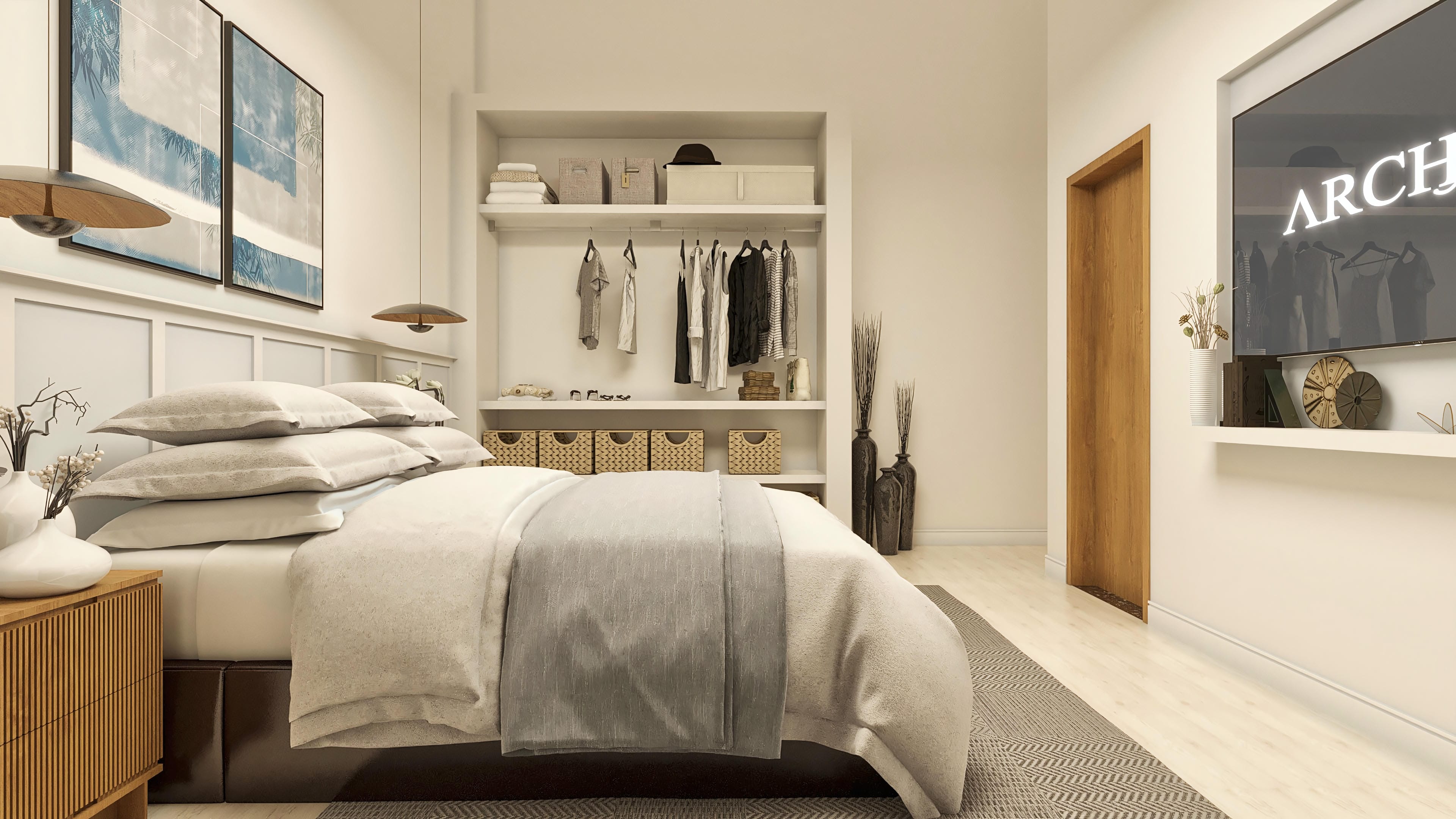 Interior de dormitorio con cama queen size, ropa de cama en tonos neutros, armario abierto con ropa organizada, nichos con cestos y un panel con TV de pantalla grande.