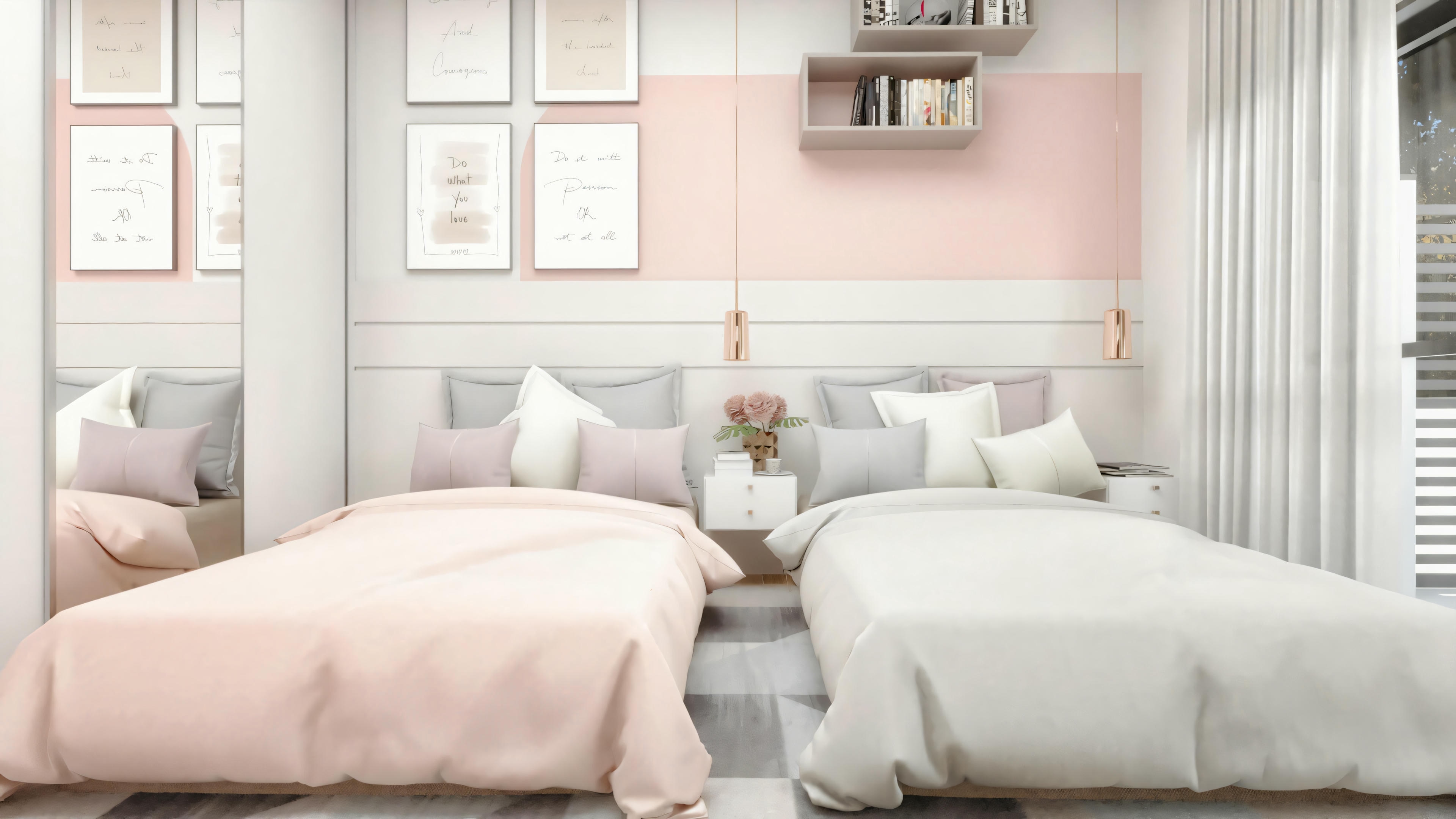 Un dormitorio con esquema de colores rosa y gris, con cama, almohadas y un cuadro en la pared.