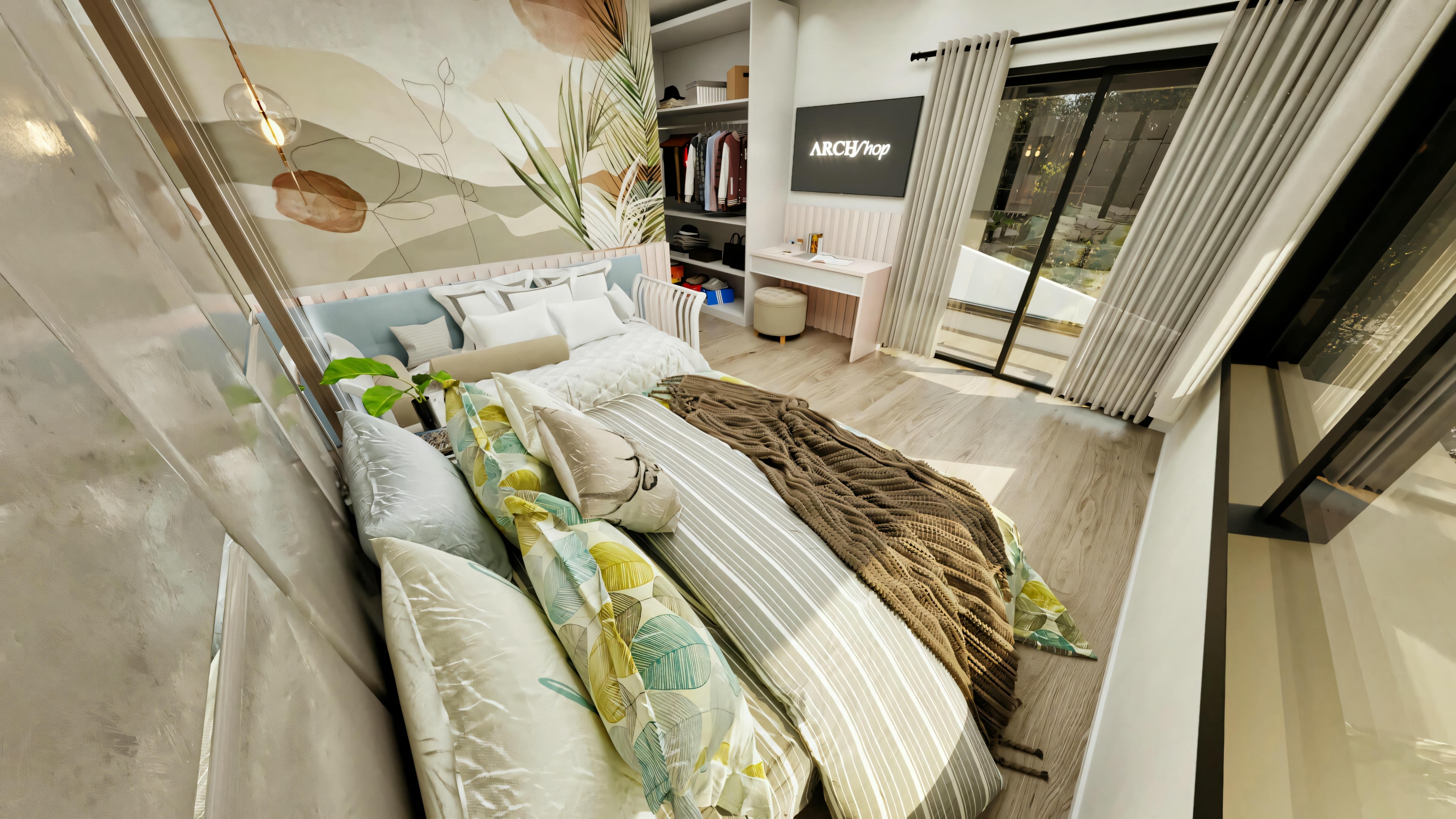 Visión angular superior de dormitorio suite decorado en casa de planta baja moderna con 4 suites, mostrando camas, armario abierto, encimera y amplia ventana.