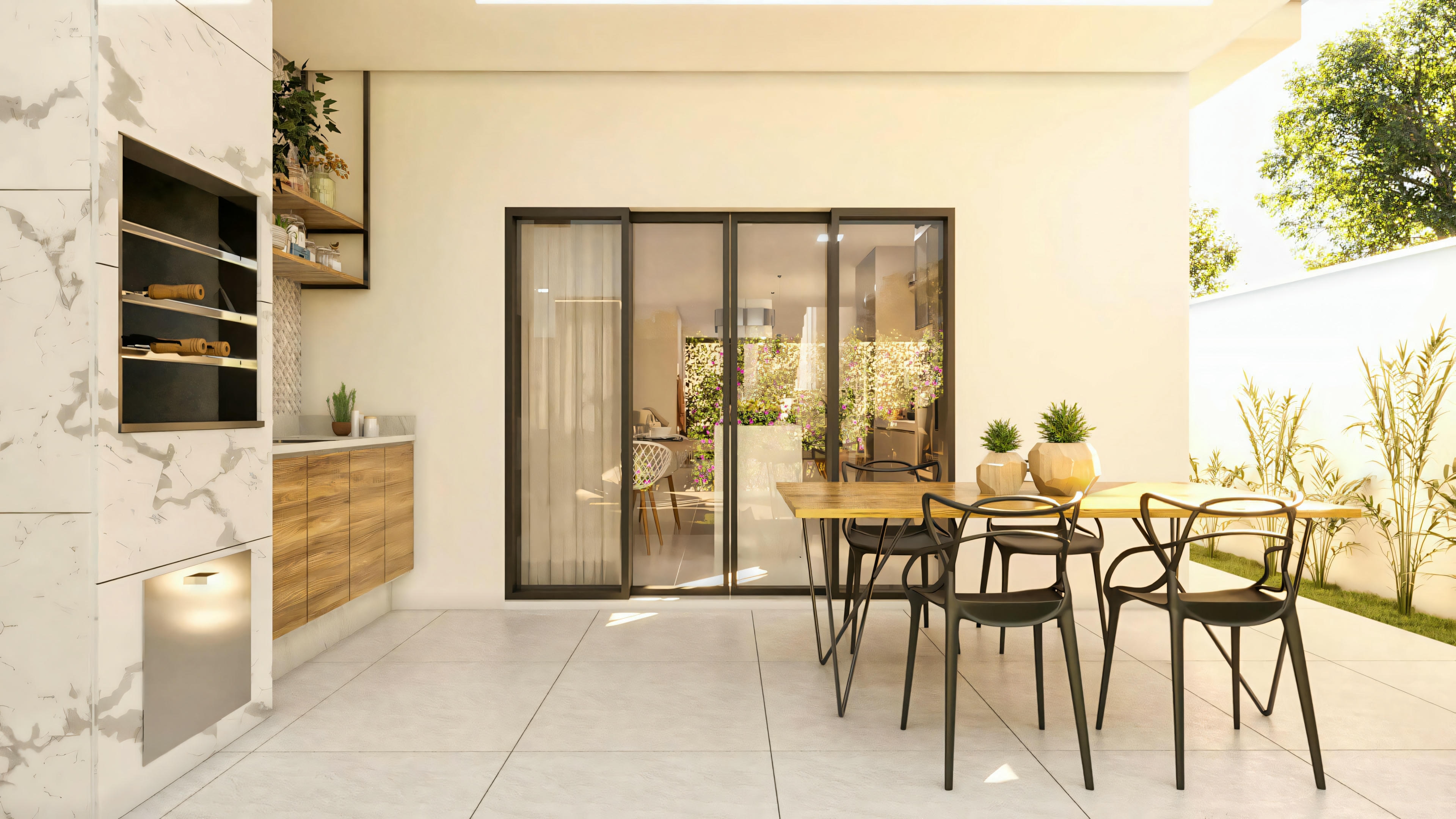 Complete gourmet space in the 194.7m² two-story house (10x25 lot). Area with a barbecue tower clad in marble-patterned porcelain, countertop with sink and cabinets, outdoor dining table, and sliding glass door connecting to the interior.