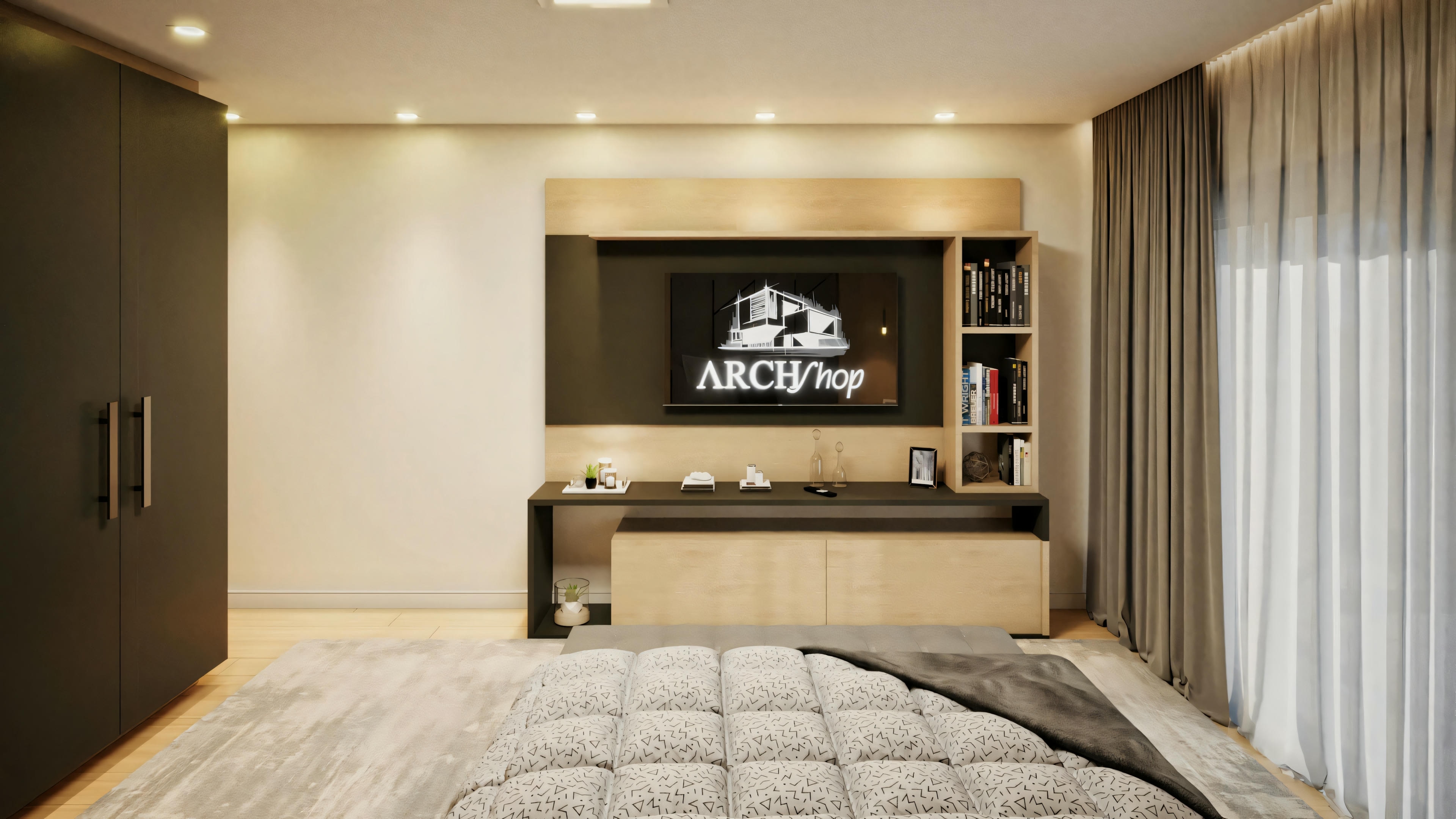 Una habitación acogedora con una cama grande y una unidad de entretenimiento.