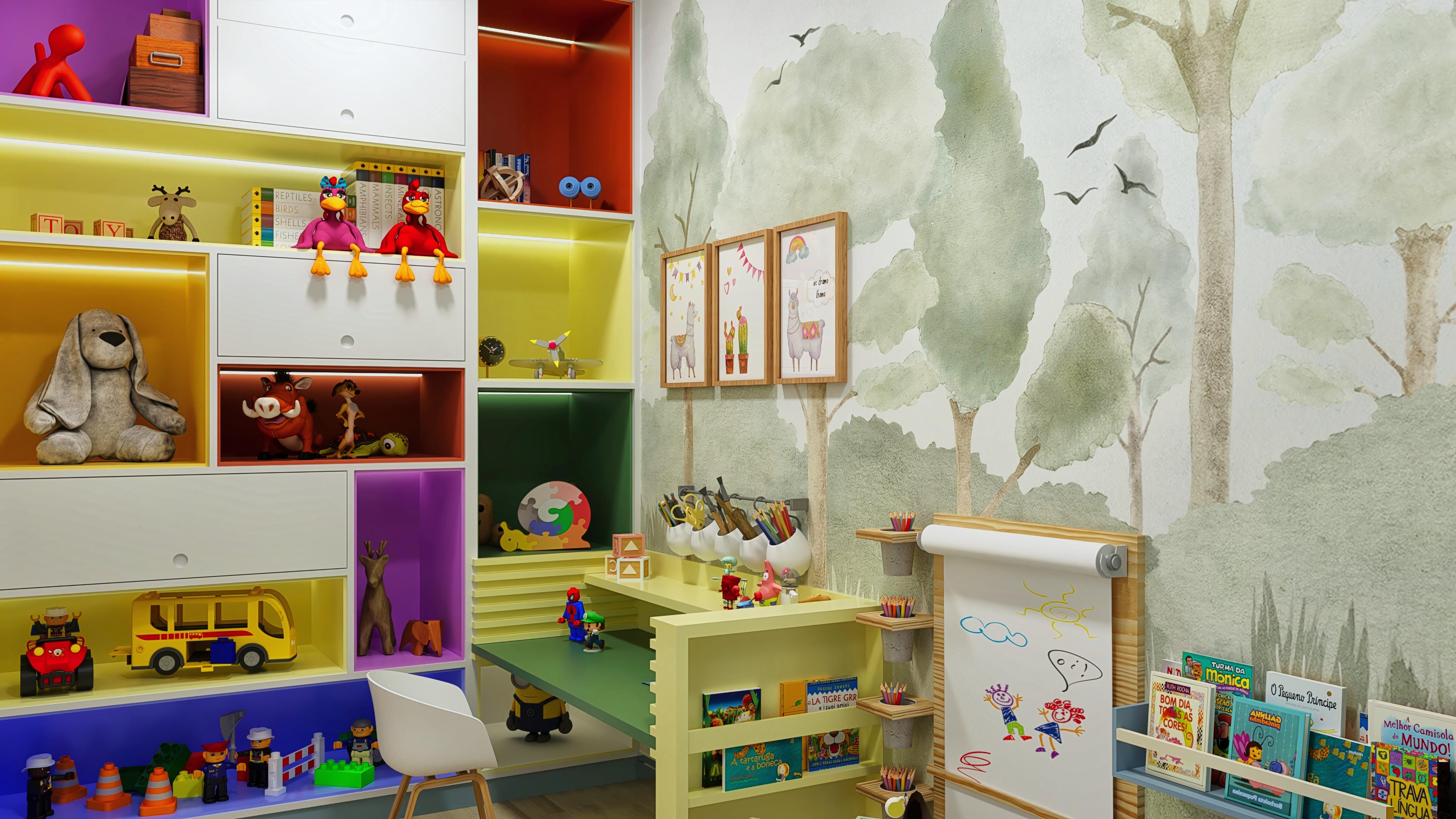 Habitación infantil moderna con estantería modular colorida, papel pintado con temática de bosque, mesa de actividades y zona de dibujo.