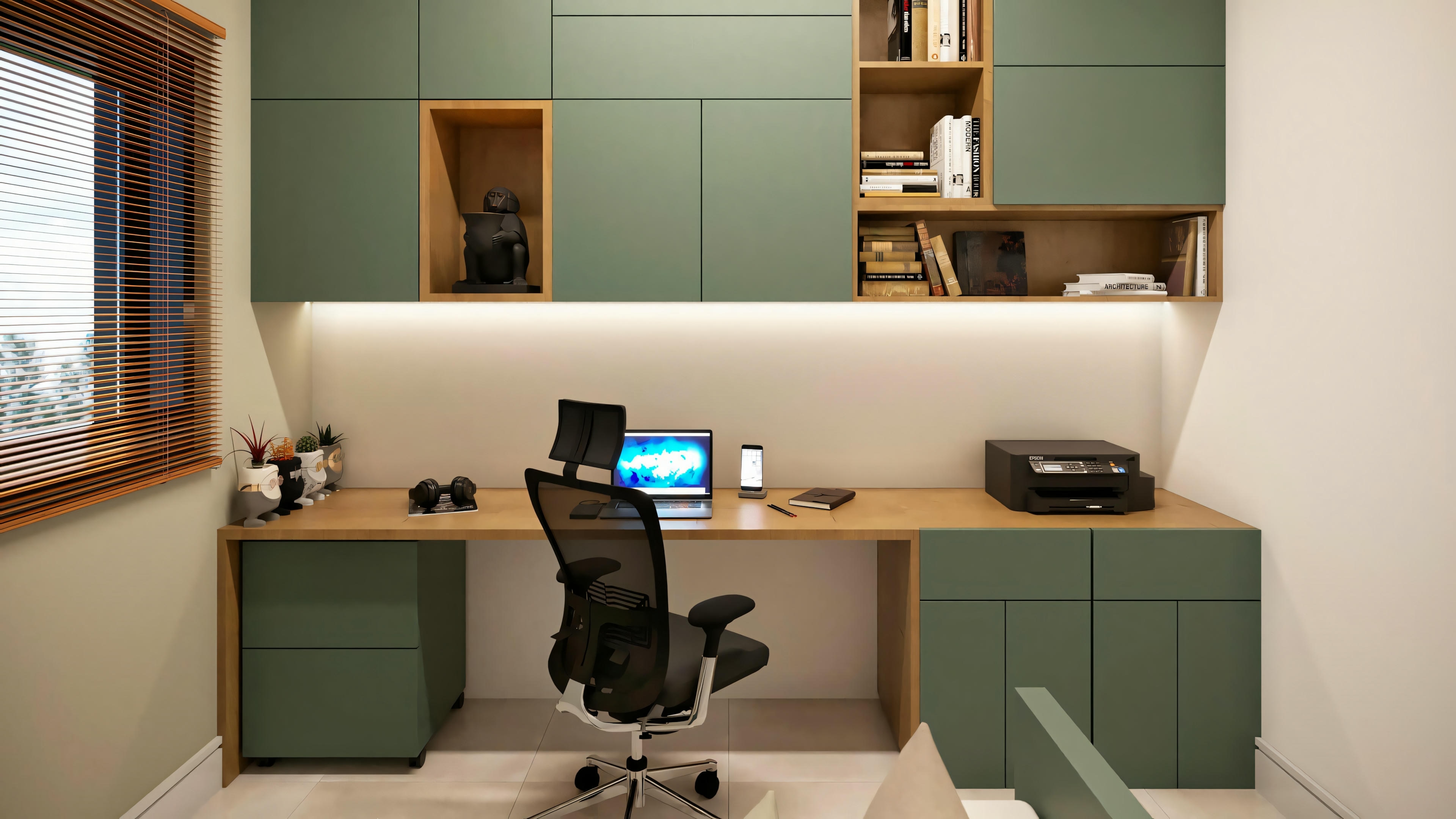 Home office with a desk, computer, shelves, and task lighting.