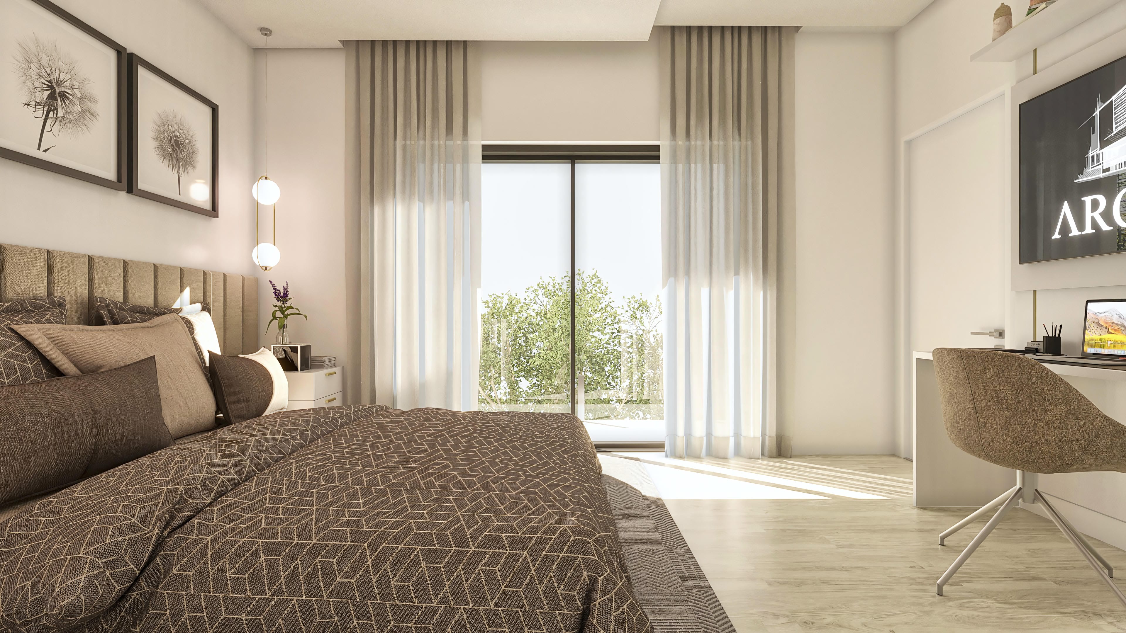 Interior de sobrado com cama de casal, cabeceira estofada, persianas e vista para área externa com vegetação exuberante.