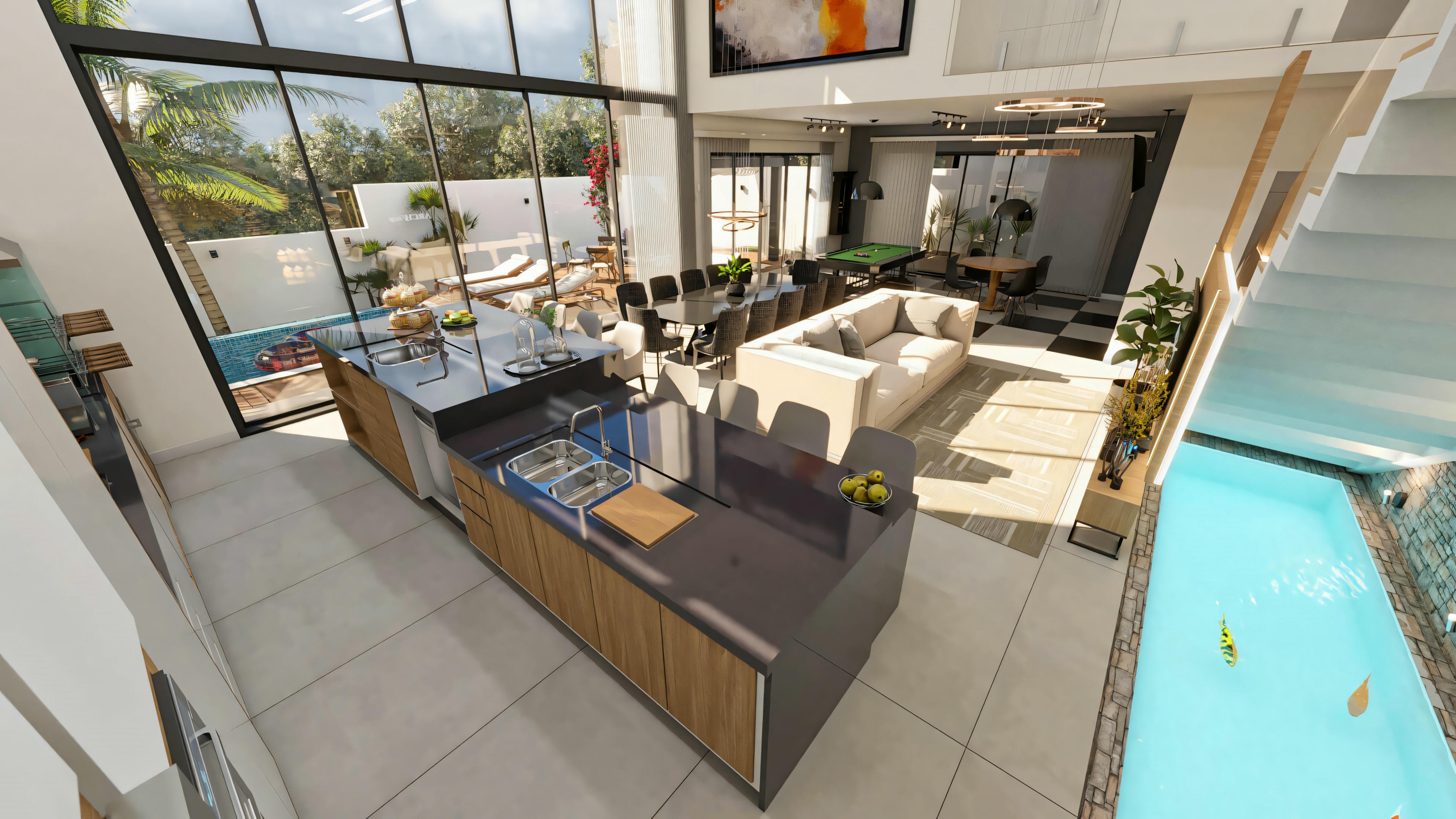 Top view of the kitchen with an island integrated into the social area (living, dining, games) in a ready-made project with 5 suites, high ceiling, large windows overlooking the pool, and an internal water feature.