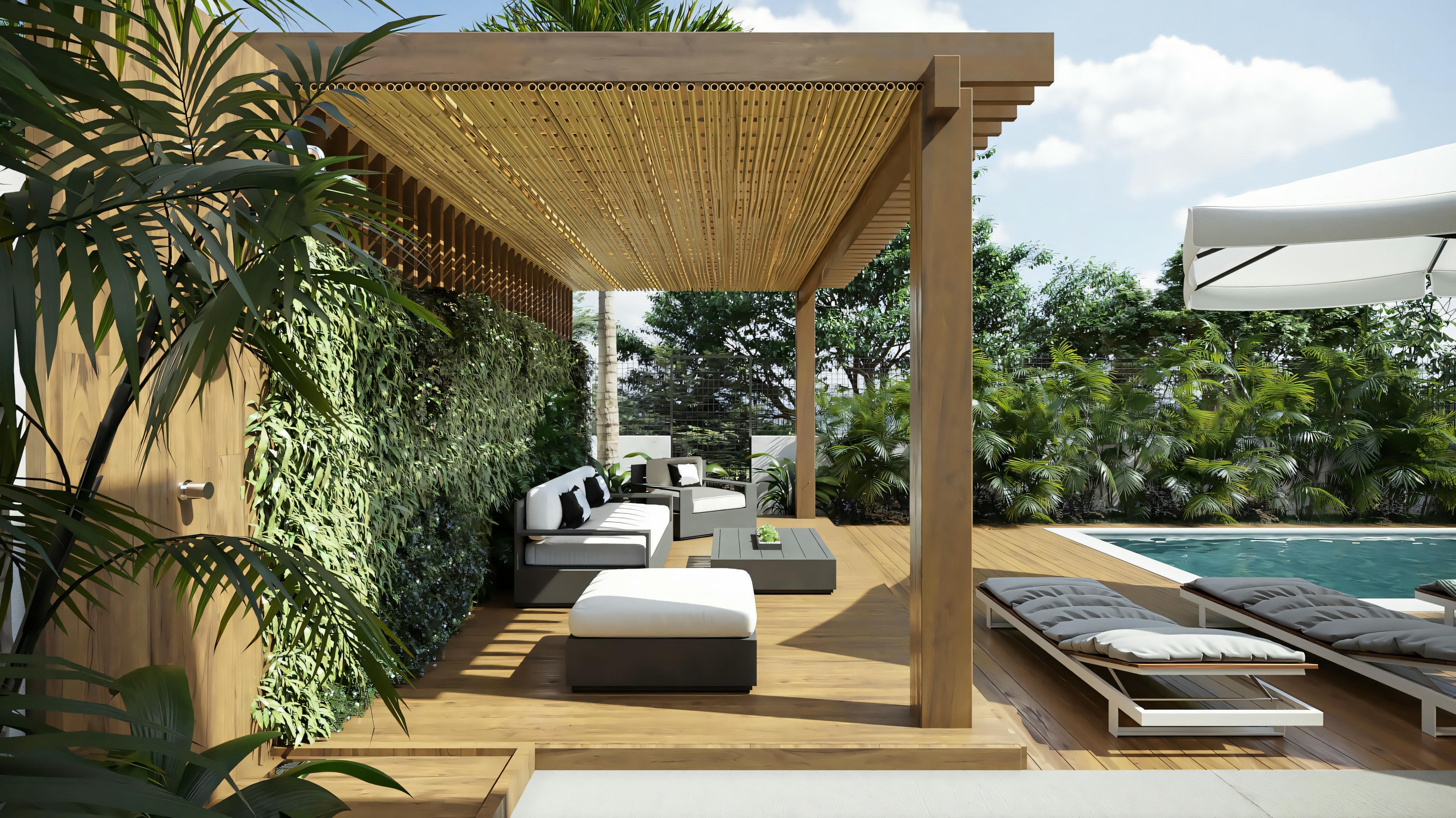 Outdoor area with a fabric-covered pergola, lounge chairs, and a pool surrounded by tiles or stones.