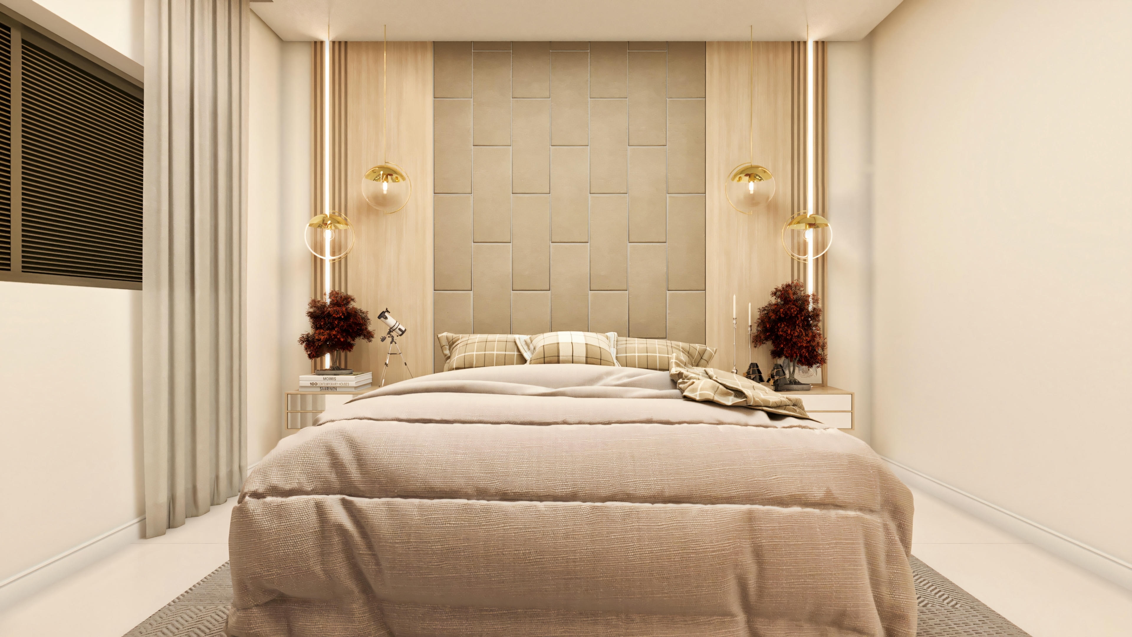 Master suite interior design with upholstered headboard.