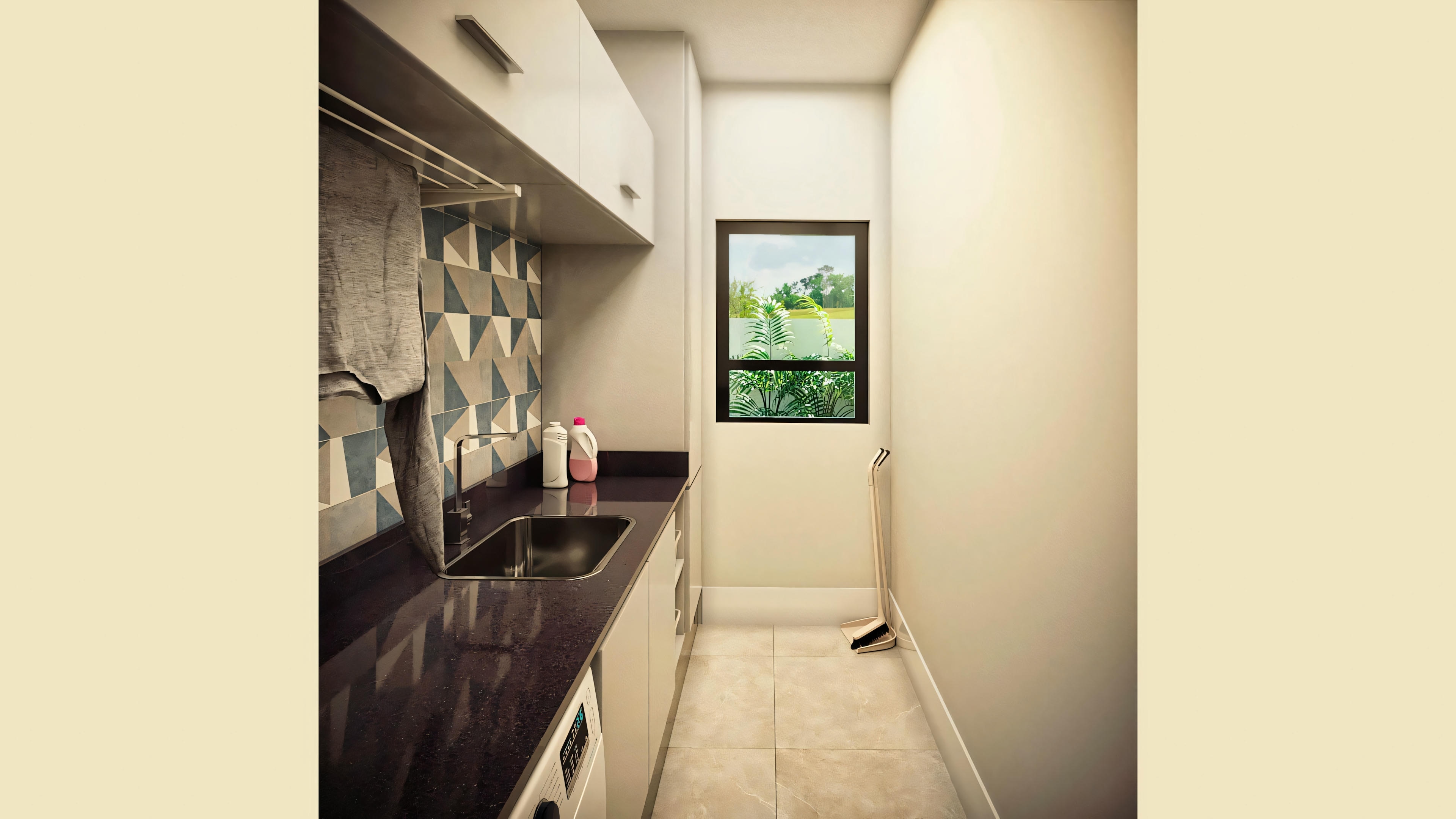 Minimalist laundry room with a washing machine and open shelves.