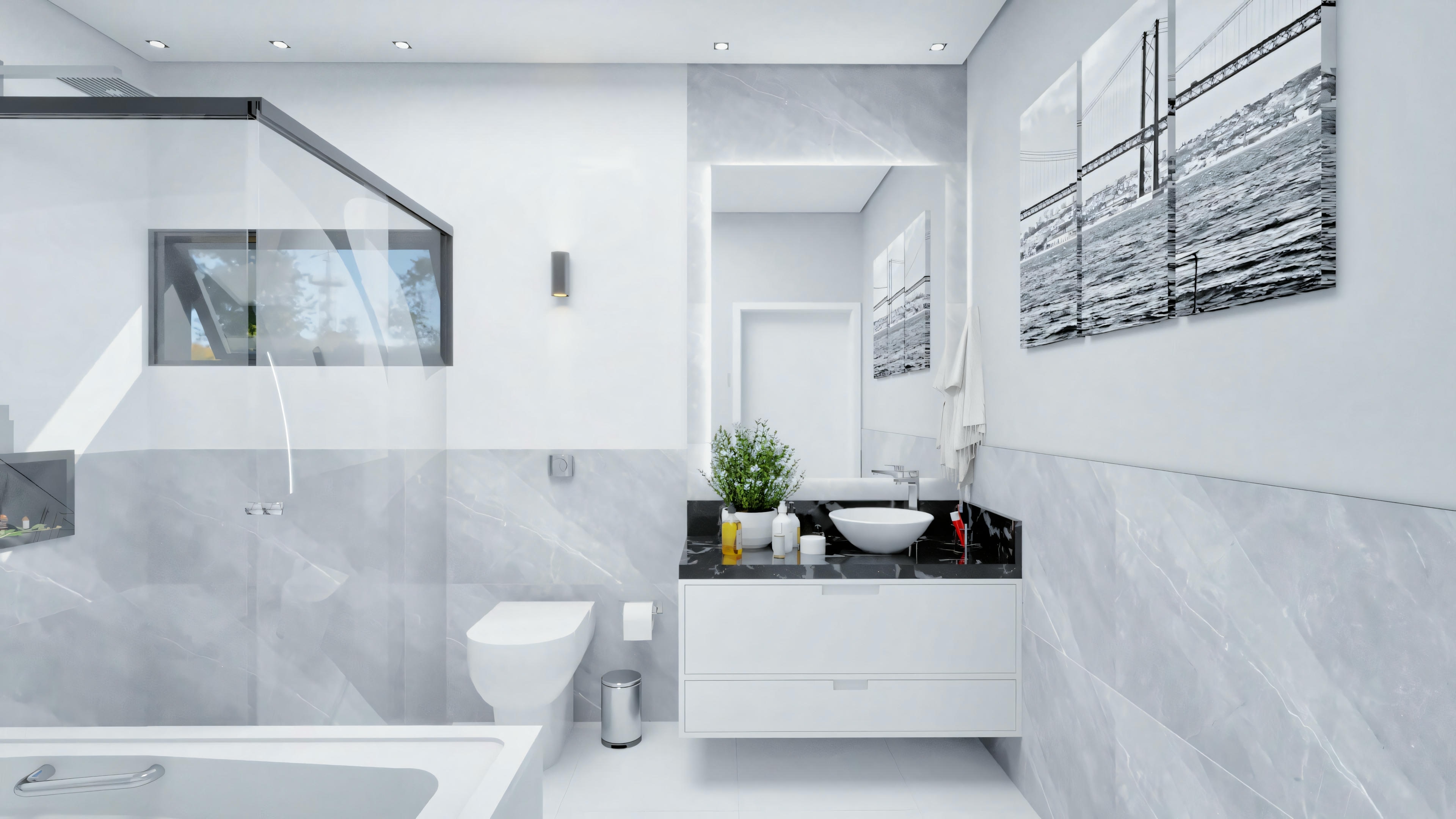 A modern bathroom with white walls, a shower with glass doors, a toilet, and a sink with a countertop.