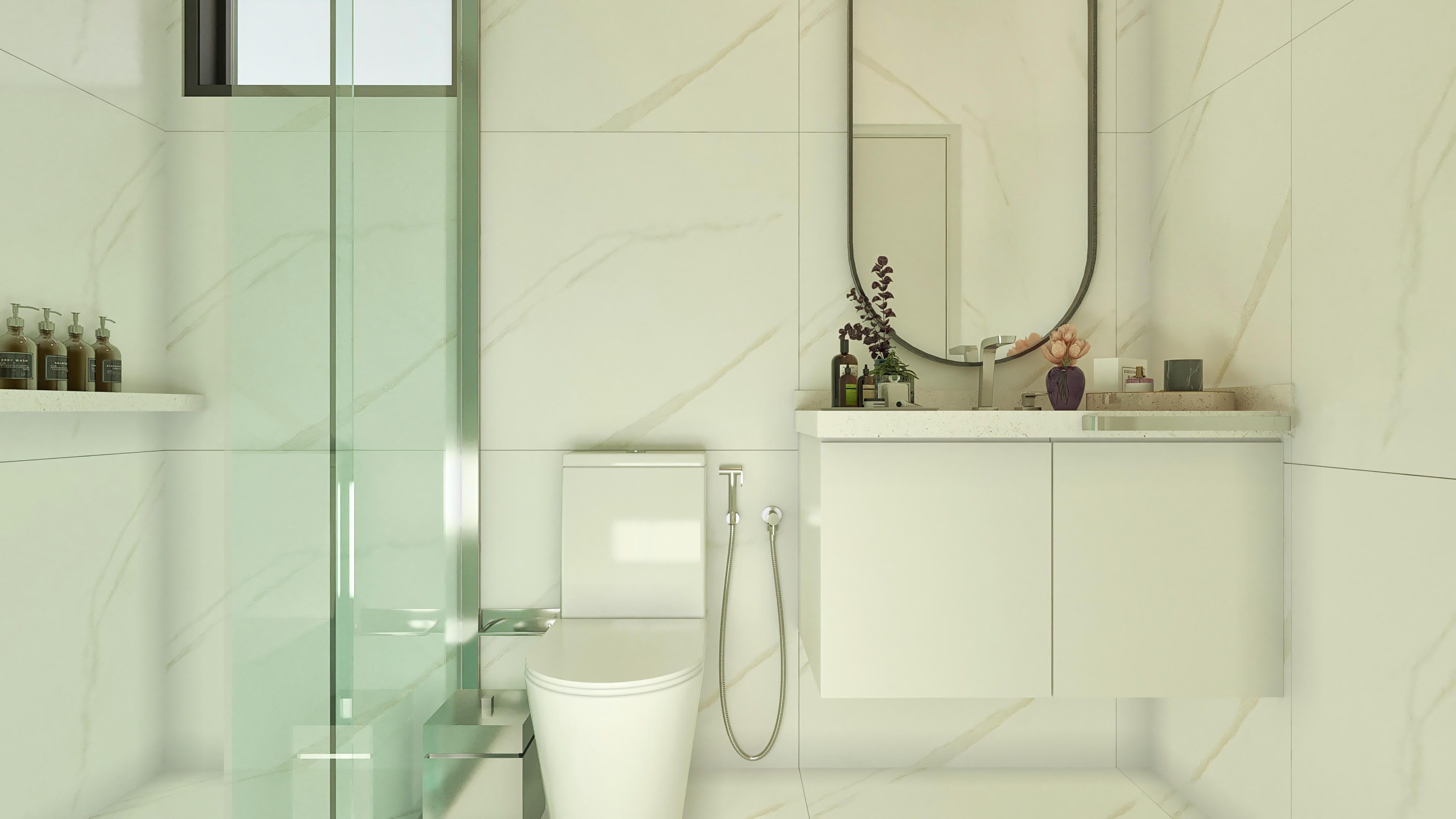 Bathroom with crema marble cladding, tempered glass shower enclosure, suspended counter with carved sink, and chrome fixtures. Environments of a two-story house with 4 suites and complete leisure.