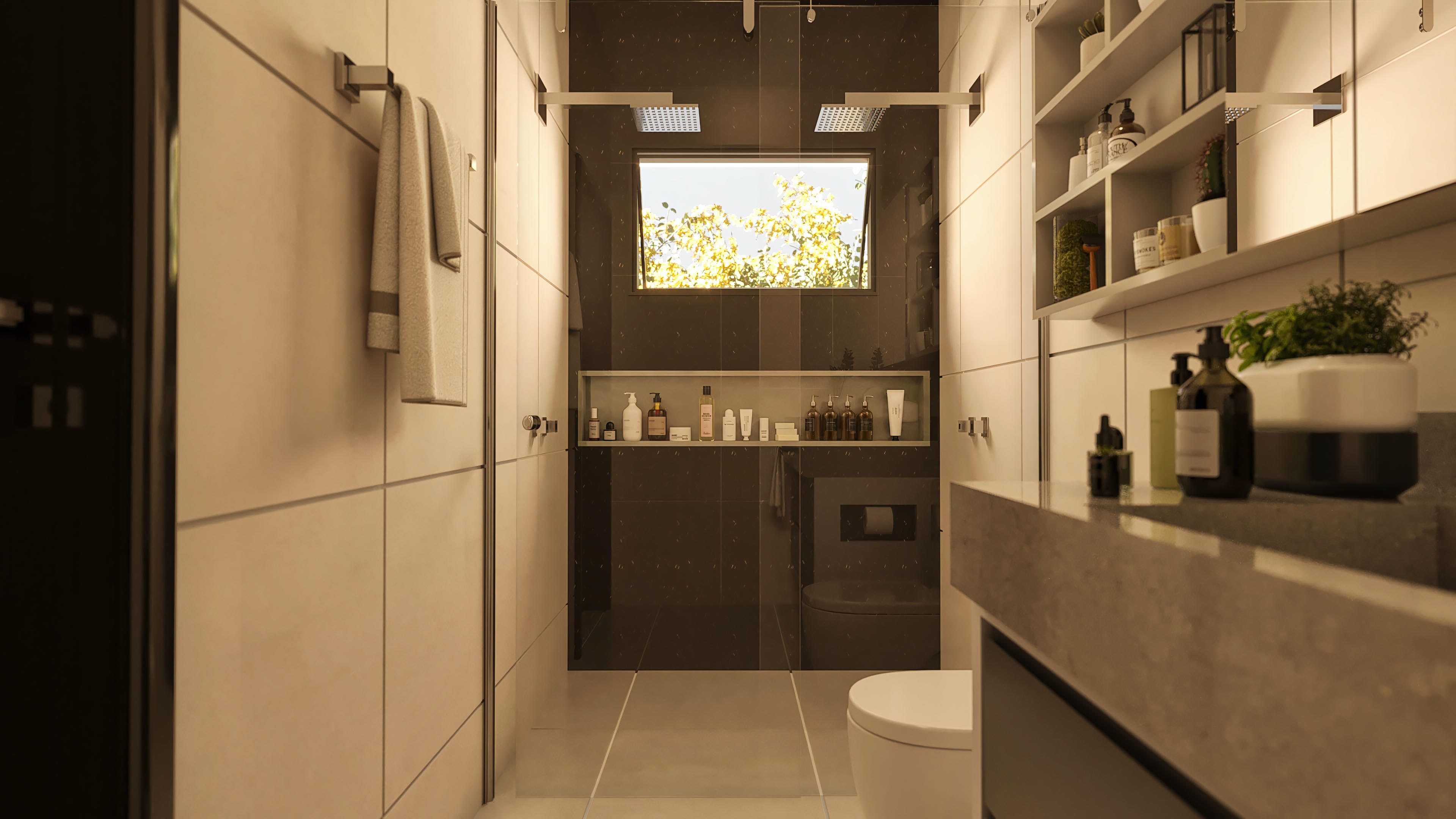 Detail of modern bathroom with light-toned walls, niches for hygiene products and a contemporary design shower.
