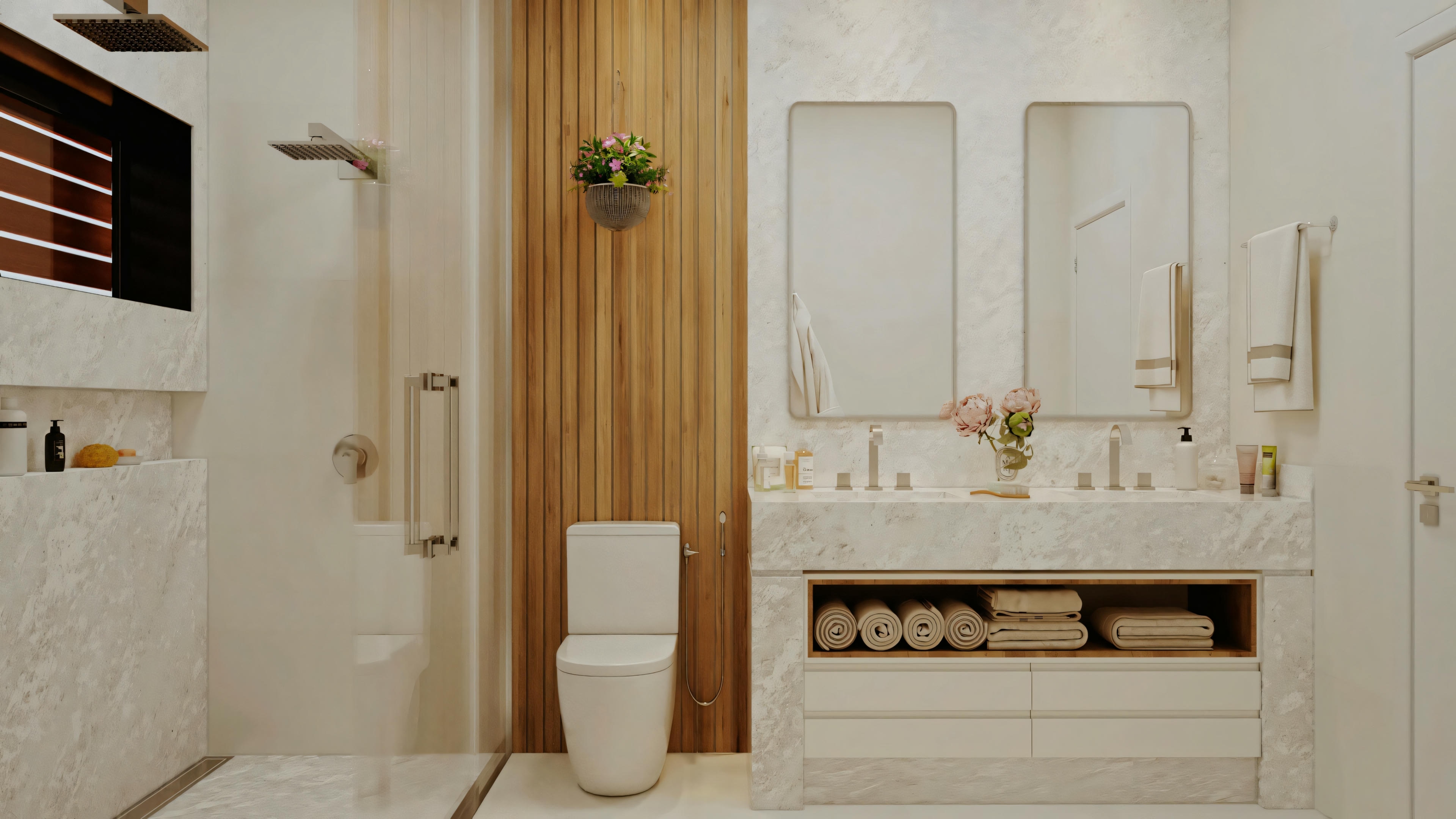 A modern bathroom with a glass shower cabin on the left, a toilet next to it, and a vanity area with two sinks and mirrors in front.
