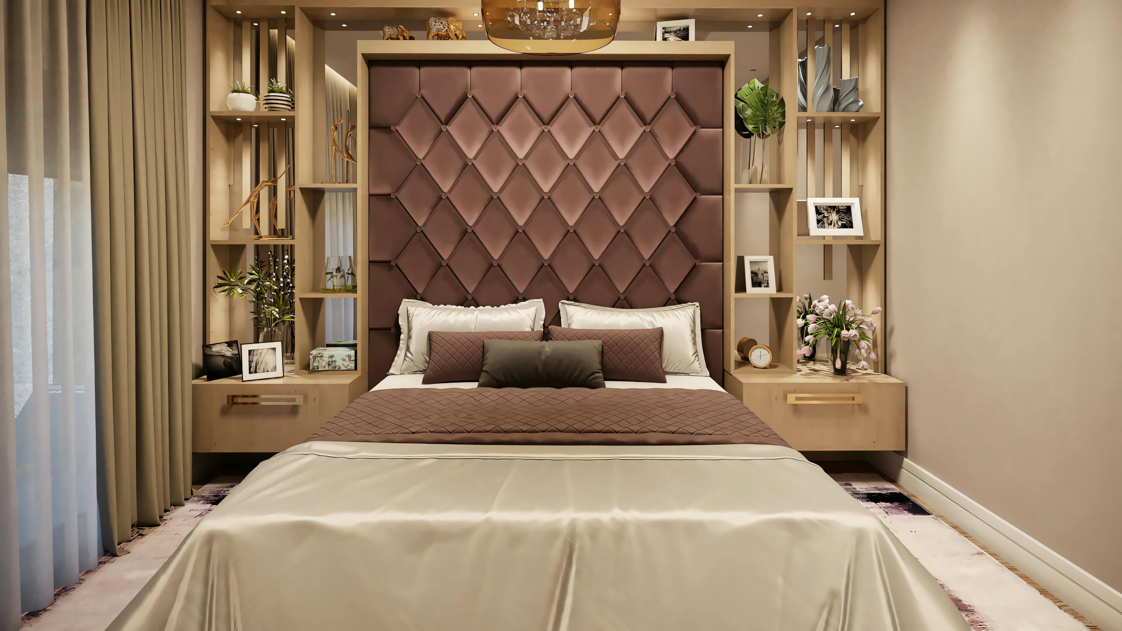 A bedroom com a large bed centered against a feature wall com geometric patterns, nightstands, e soft lighting.