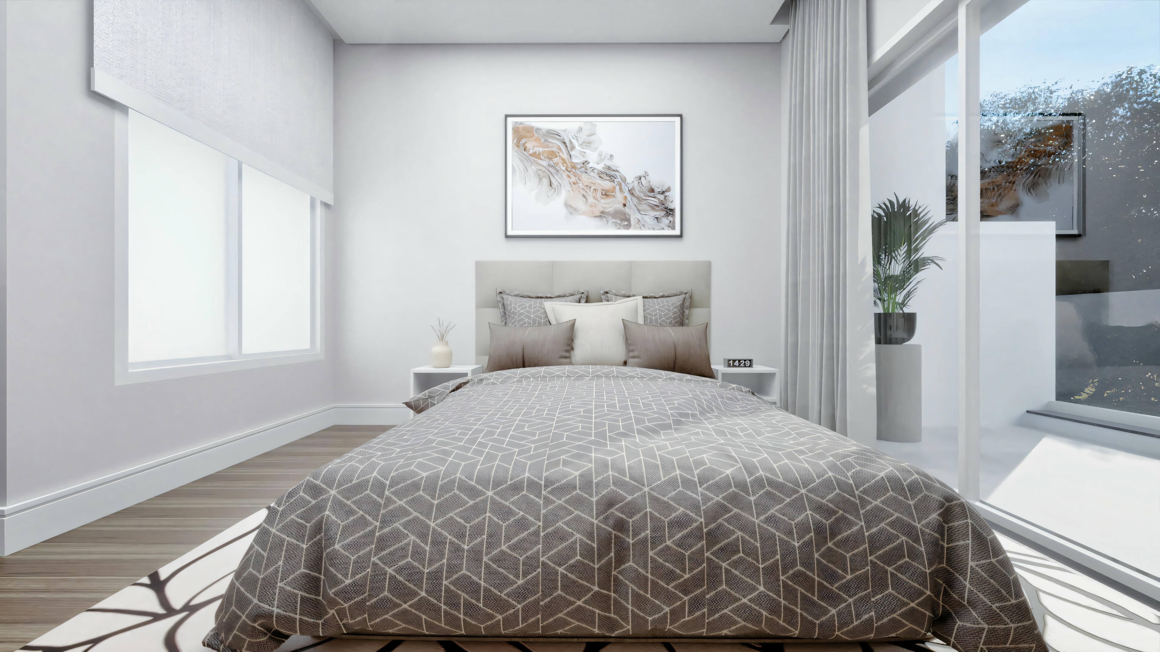 A modern bedroom with a large bed in the center, covered with patterned bedding.