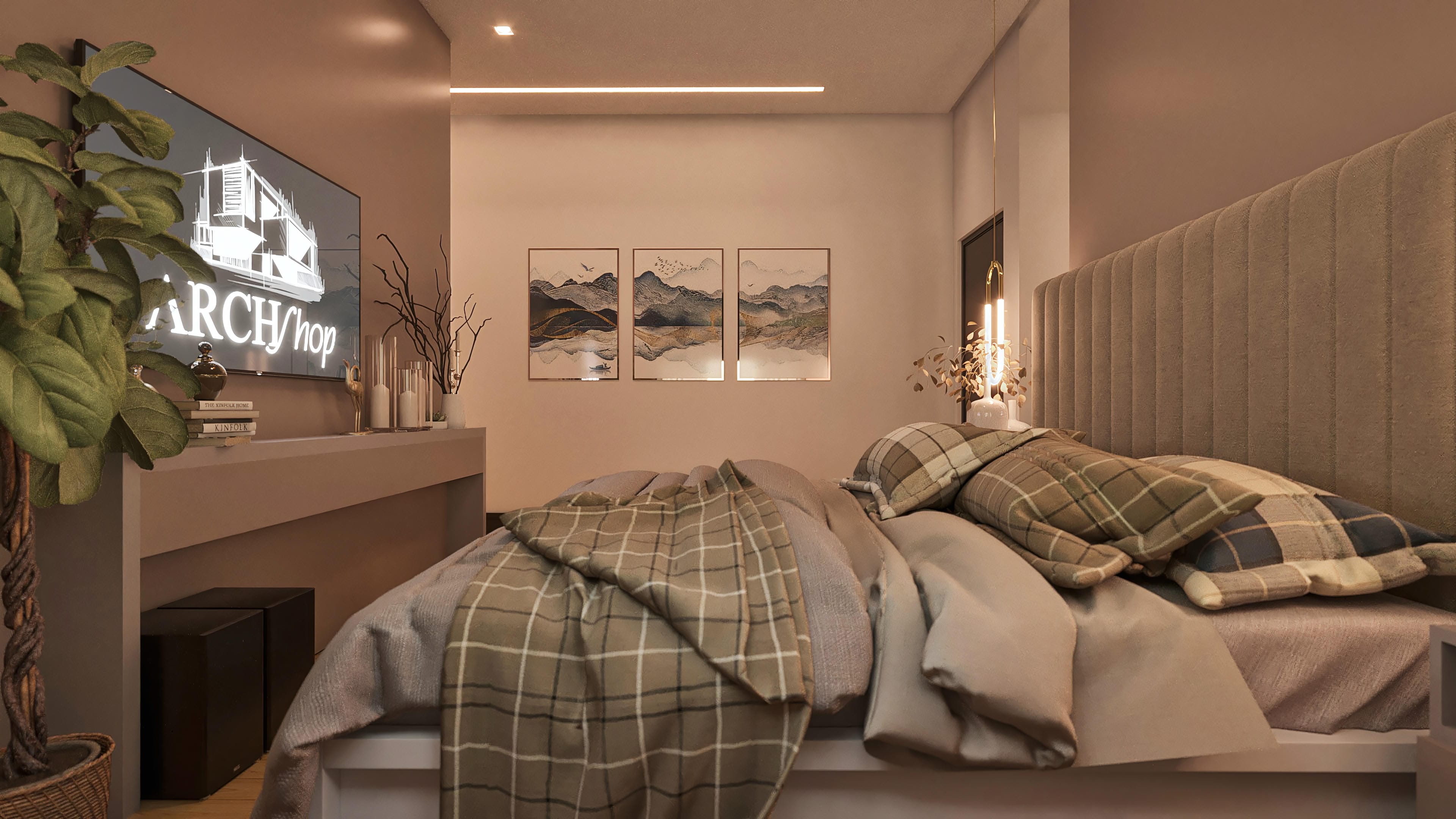 Internal environment with a central bed, covered by plaid and solid duvets in neutral tones. Highlight on the indirect ceiling lighting and decorative frames on the walls.