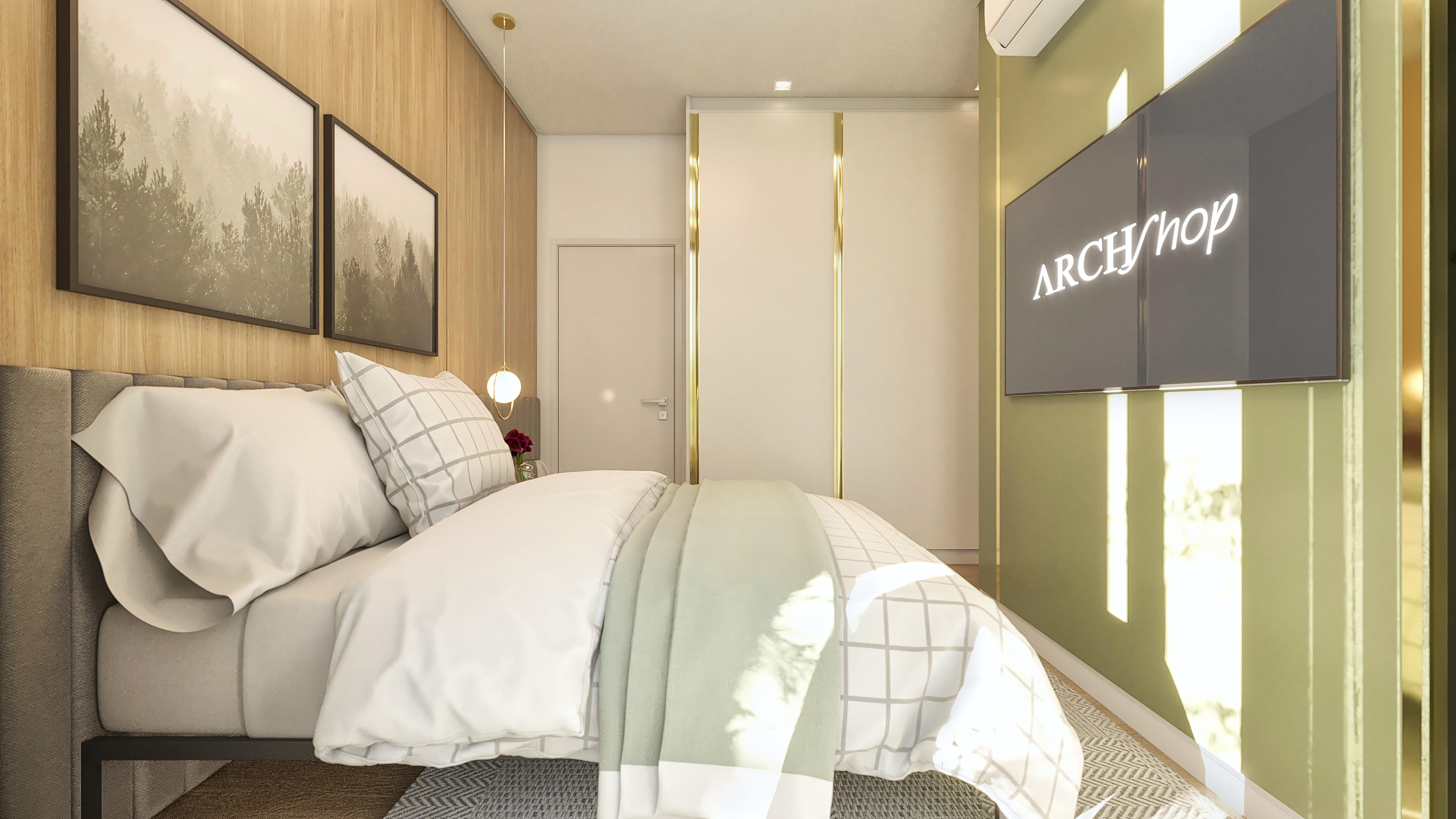 Bedroom with comfortable bed, slatted wood panel, forest landscape artworks, and subtle lighting, in a small house project.