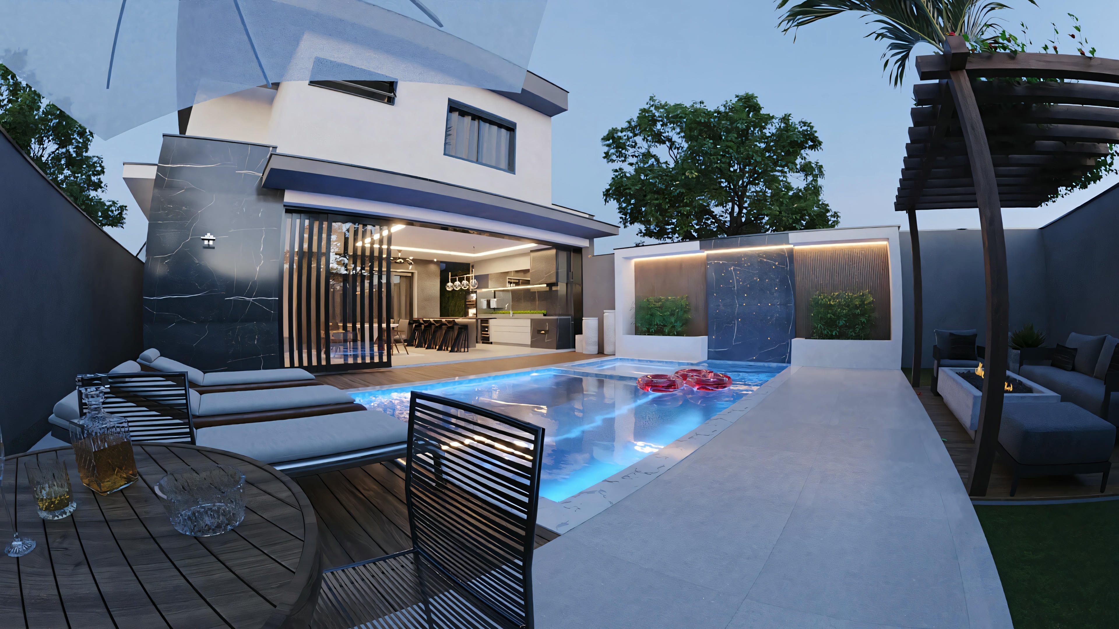 A modern house with a white exterior, large windows, and an outdoor pool with blue lighting.