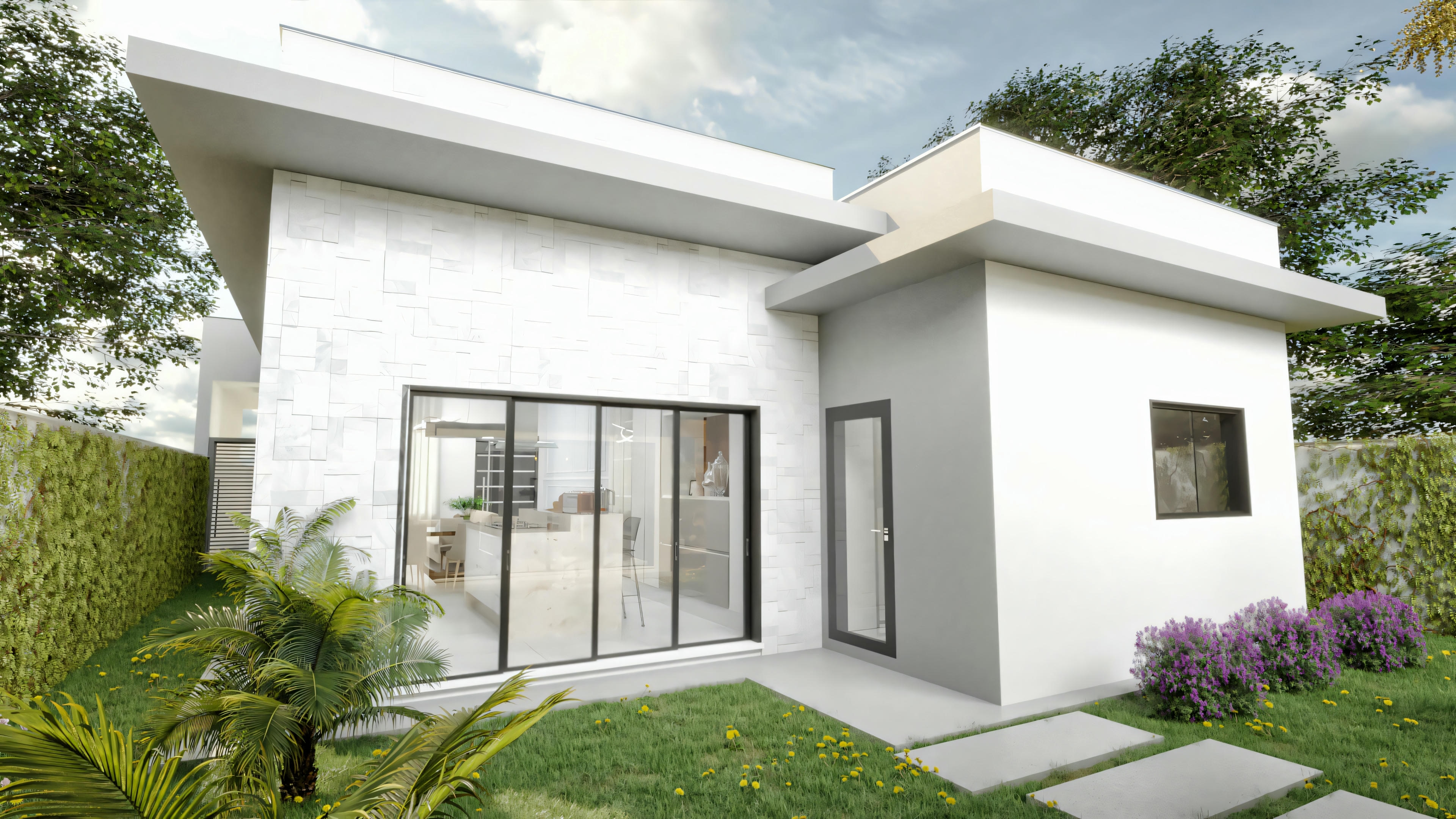 A modern house with a flat roof, large windows, and surrounded by greenery.