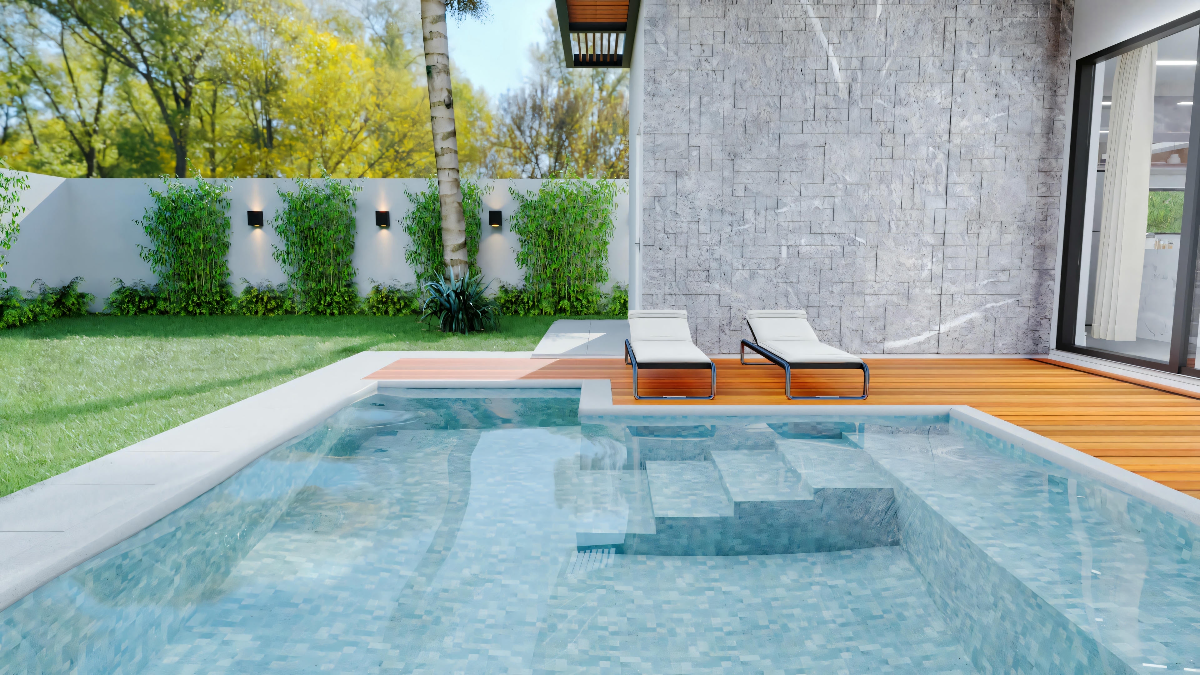 A swimming pool with steps leading into the water, surrounded by a wooden deck and hedges, with an outdoor shower area to the side.