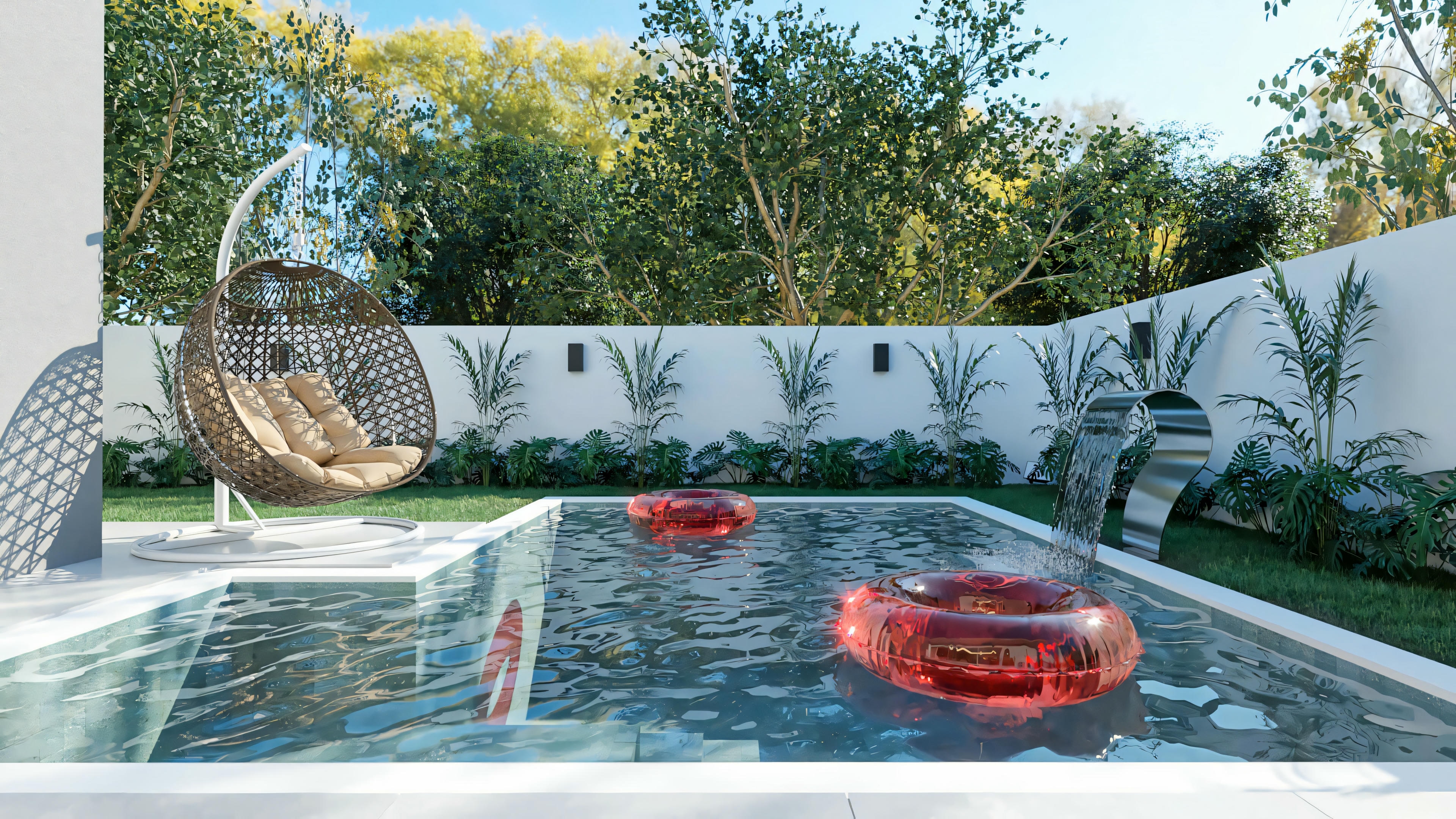 Photo of the pool with a waterfall in the leisure area of this modern single-story house plan with 3 bedrooms (203.67m²). Detail of the landscaping on the wall, external lighting, and hanging chair.