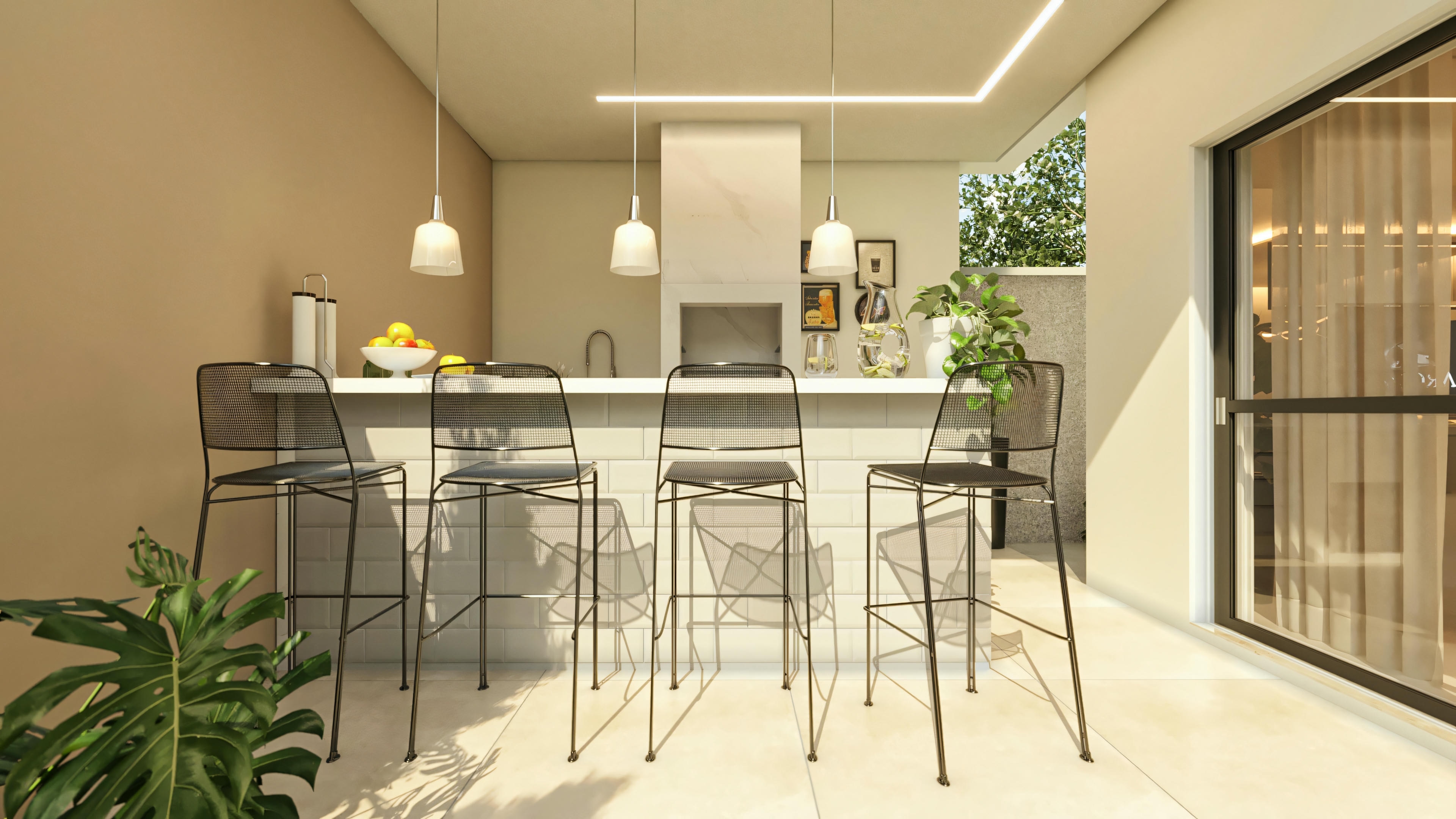 Covered gourmet area of a modern two-story house with a pool, equipped with a barbecue, countertop with sink and stools, and modern lighting.