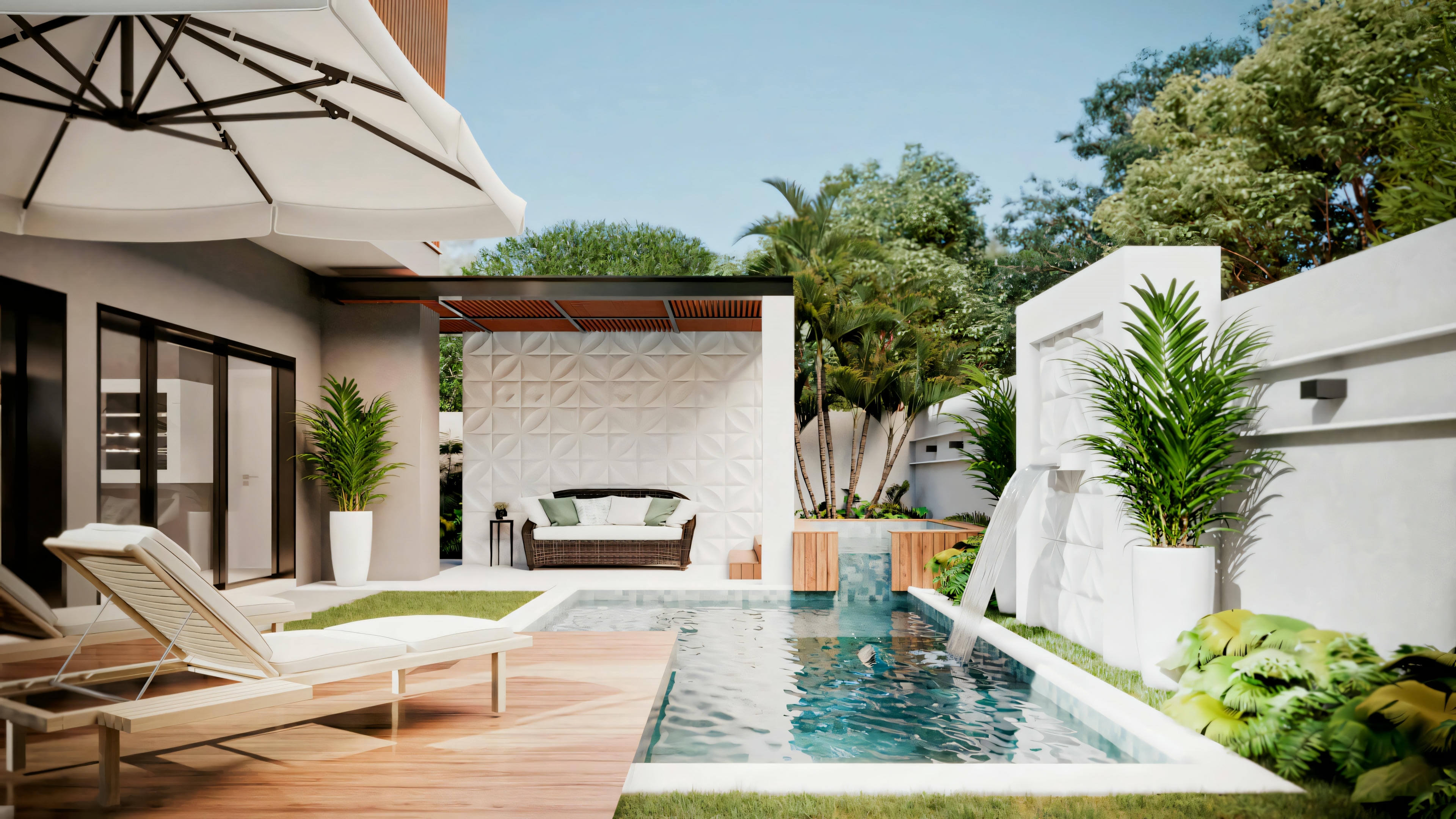 An outdoor area with a pergola, seating, and vegetation.