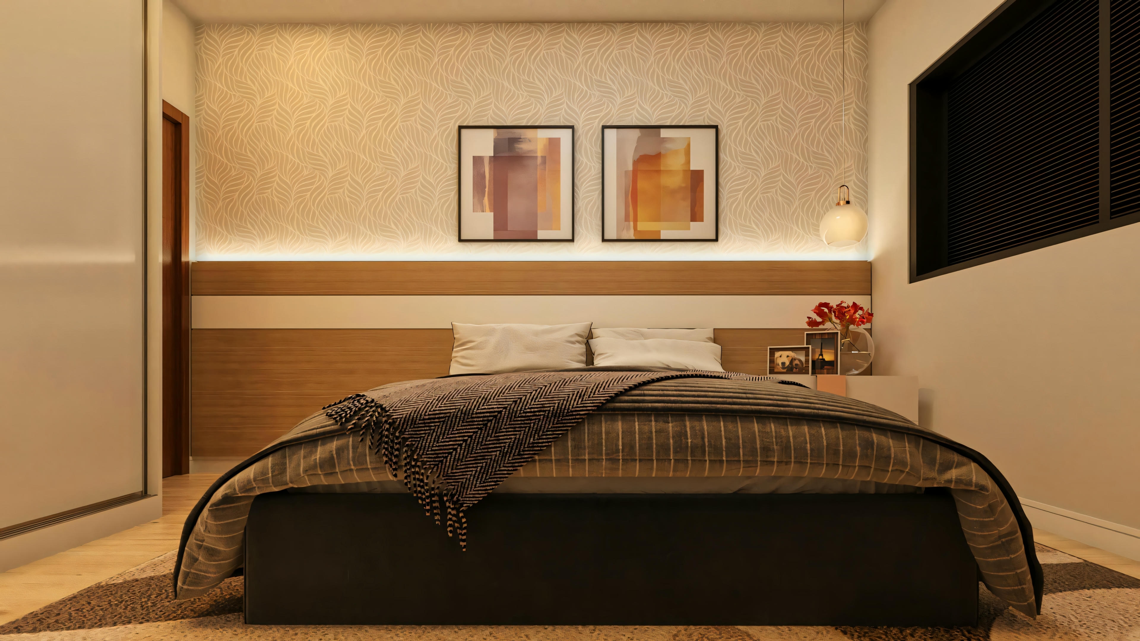 Dormitorio suite de proyecto de casa moderna con 555.9m², destacando cama con cabecera en madera y panel claro con iluminación empotrada. Pared sobre la cama con papel tapiz texturizado y cuadros, ventana con persiana negra y armario con puerta corrediza. Inmueble posee 4 suites, 7 baños y área gourmet.