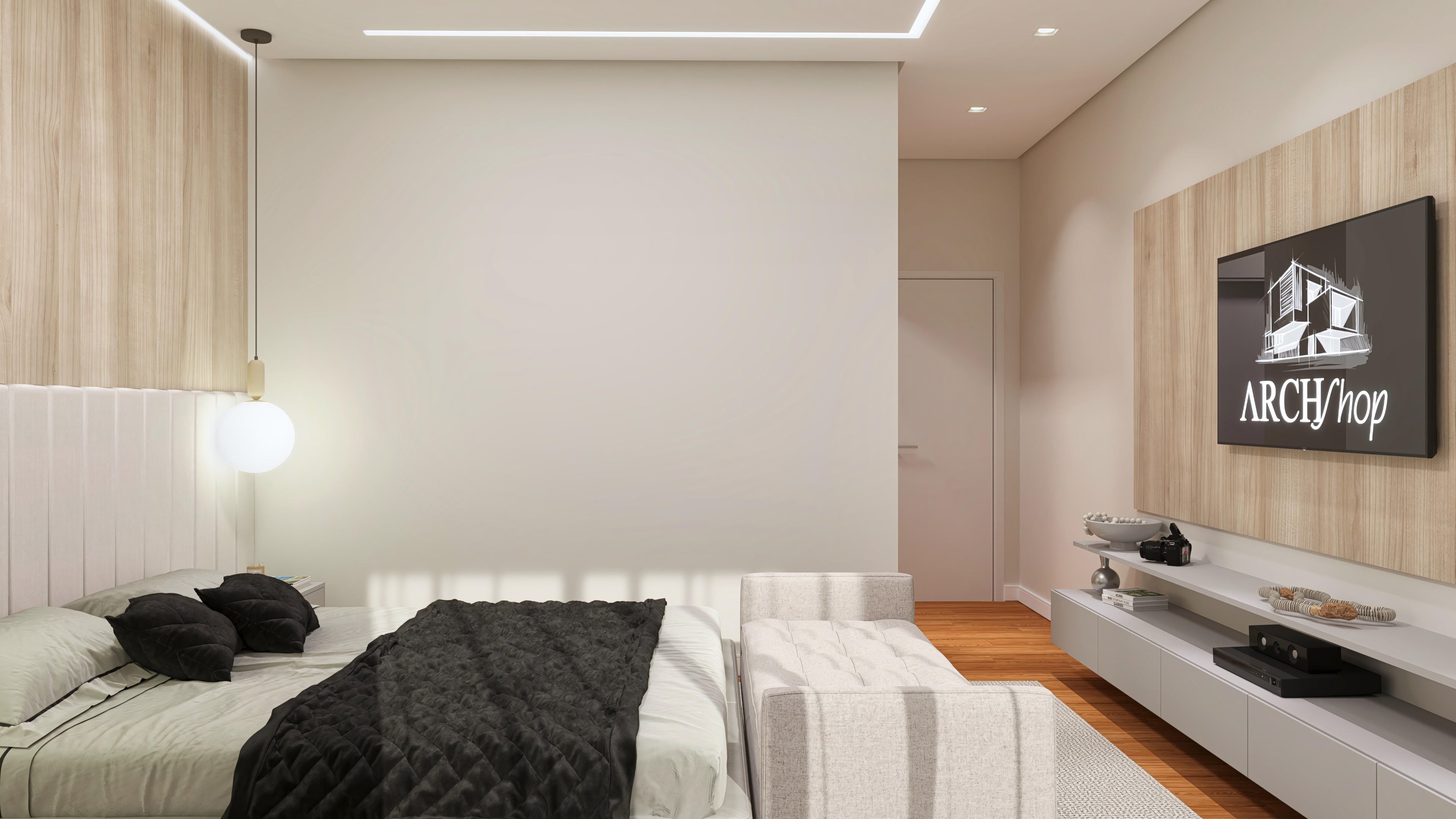 Quarto de casal com cabeceira estofada, iluminação indireta e painel amadeirado. Ambiente aconchegante com cama king size, mantas e almofadas decorativas.
