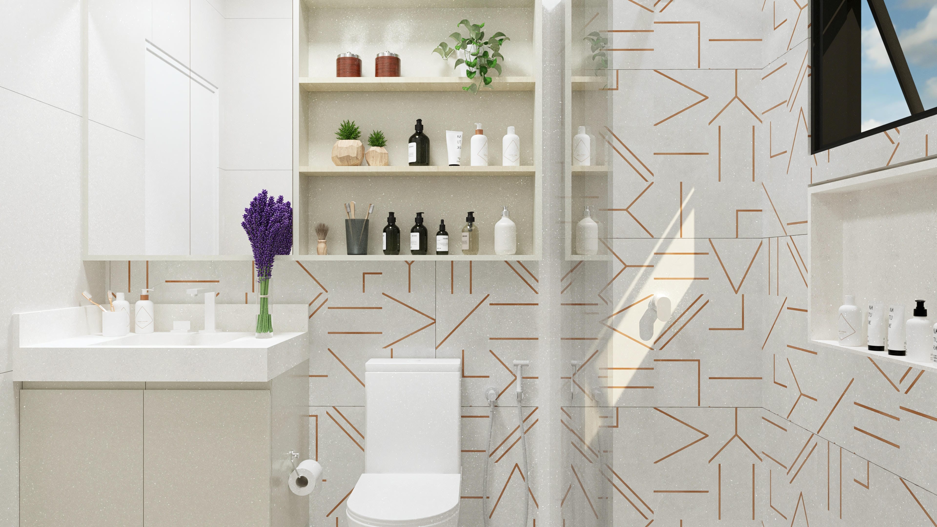 Revestimiento moderno con patrón geométrico en tonos claros y detalles en cobre, integrando funcionalidad y diseño en un baño.