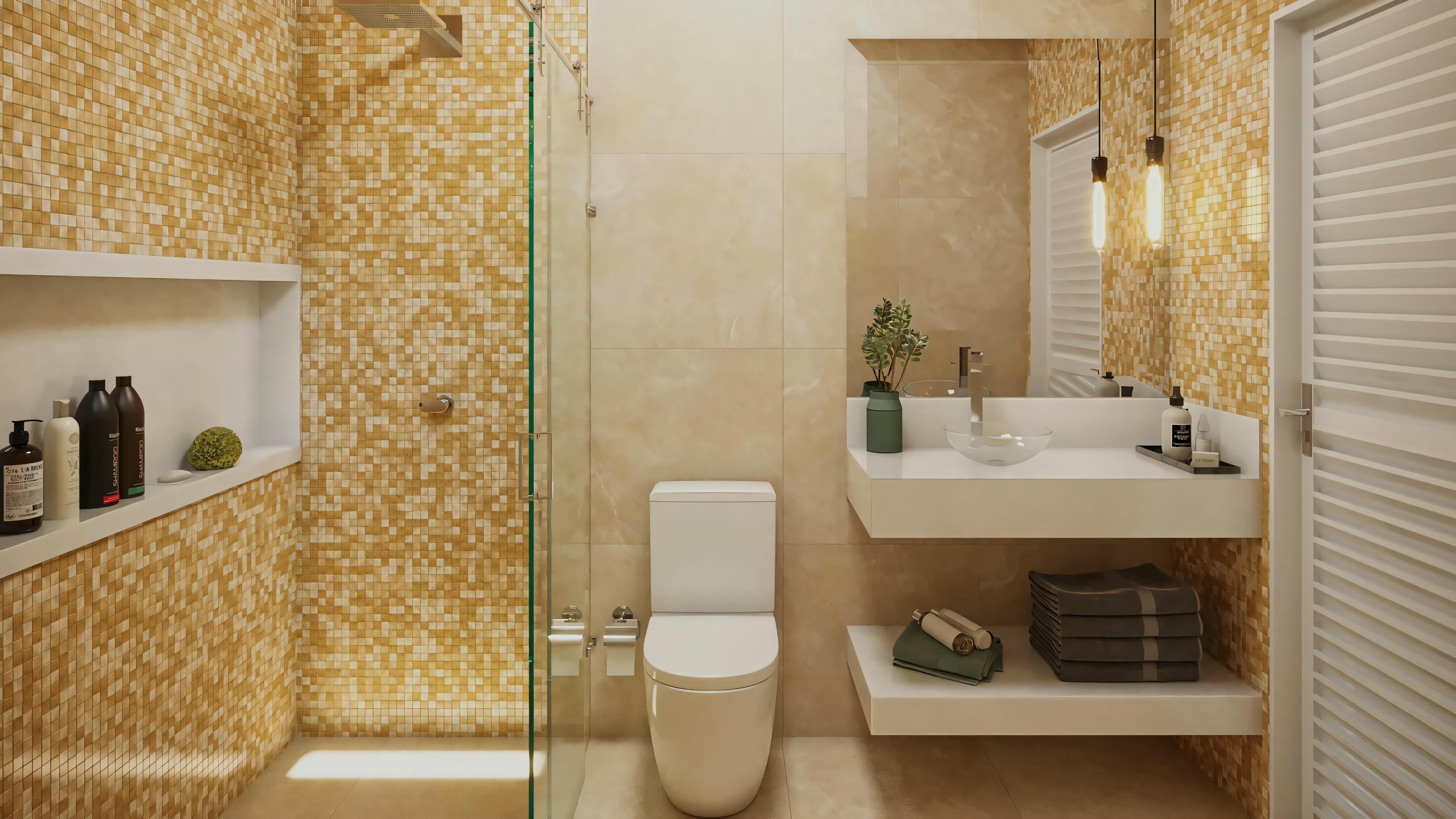 View of one ofr the 4 bathrooms of the single-story house plan (ready-made project with 2 suites). The room features a shower stall with tiles and niche, toilet, floating countertop with vessel sink, lower shelf, mirror with pendant lights, and slatted wooden door.