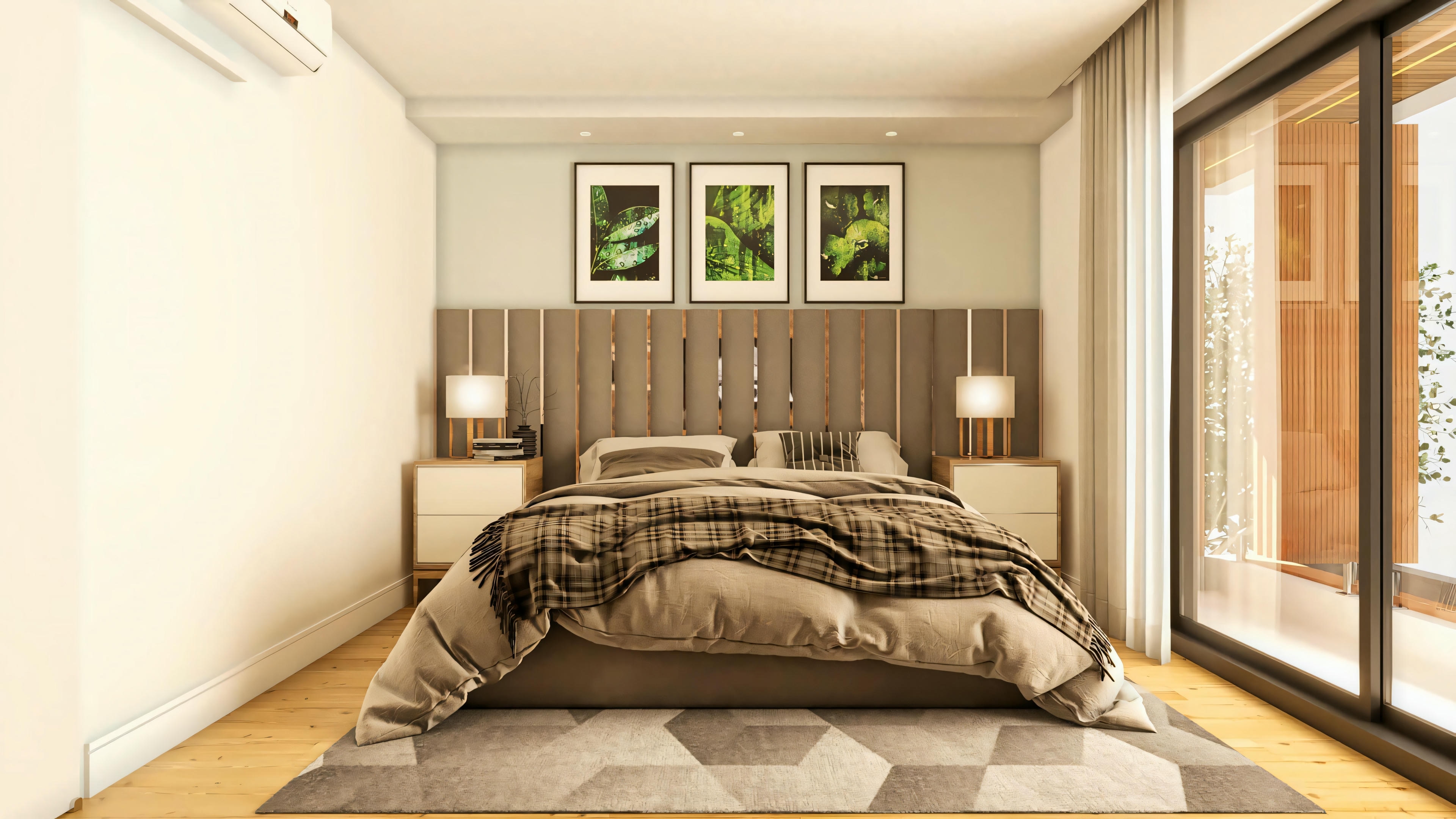Terceira suíte do projeto arquitetônico do sobrado de 330m², com cama de casal, cabeceira alta estofada e canelada verticalmente, mesas de cabeceira com abajures, conjunto de três quadros botânicos, piso de madeira com tapete geométrico, unidade de ar condicionado split e porta de vidro de correr para área externa (varanda/sacada) à direita.