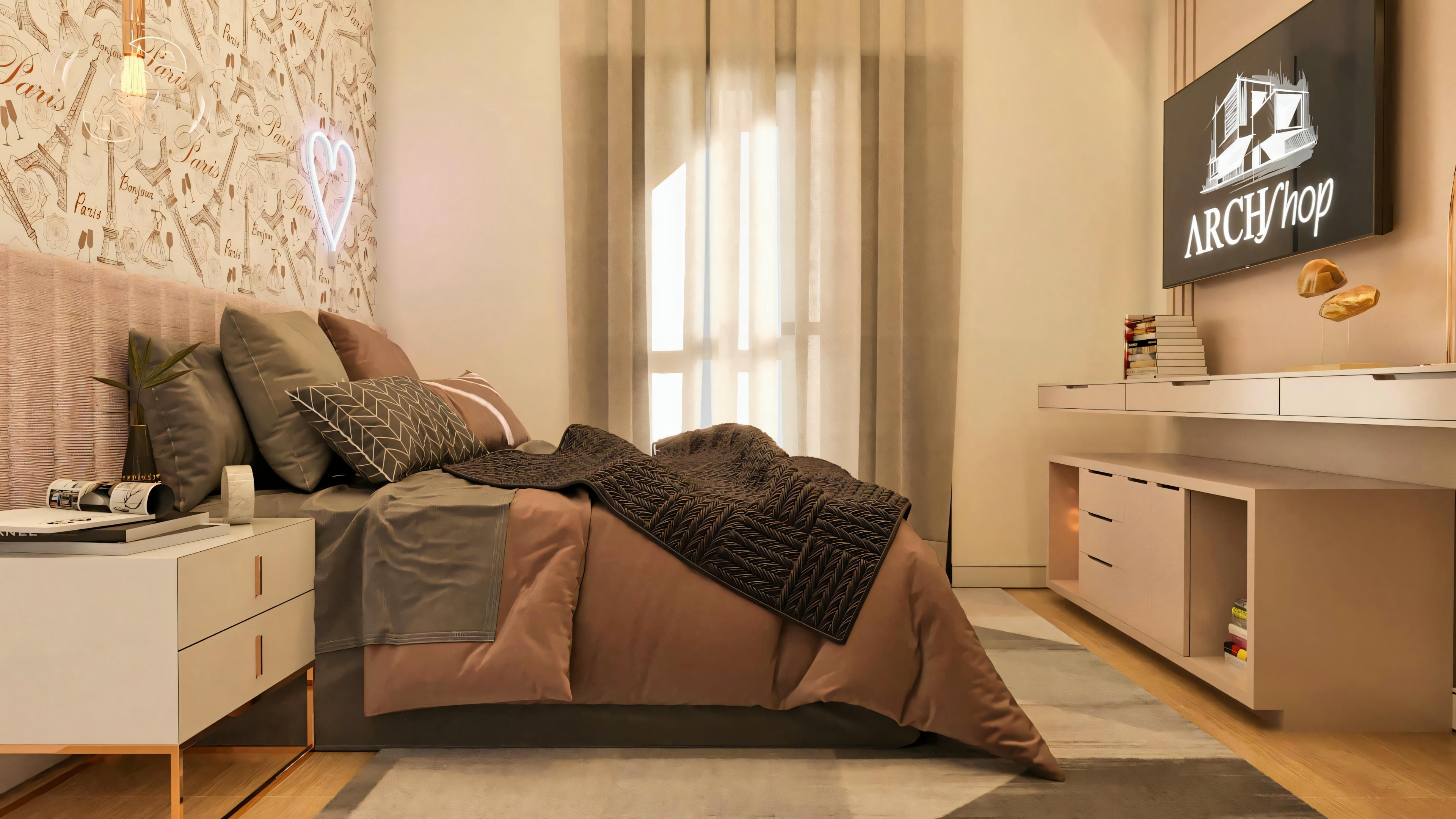 Suíte de casal em casa de luxo com tema Paris, mostrando cama com cabeceira estofada, painel de TV e rack suspenso.