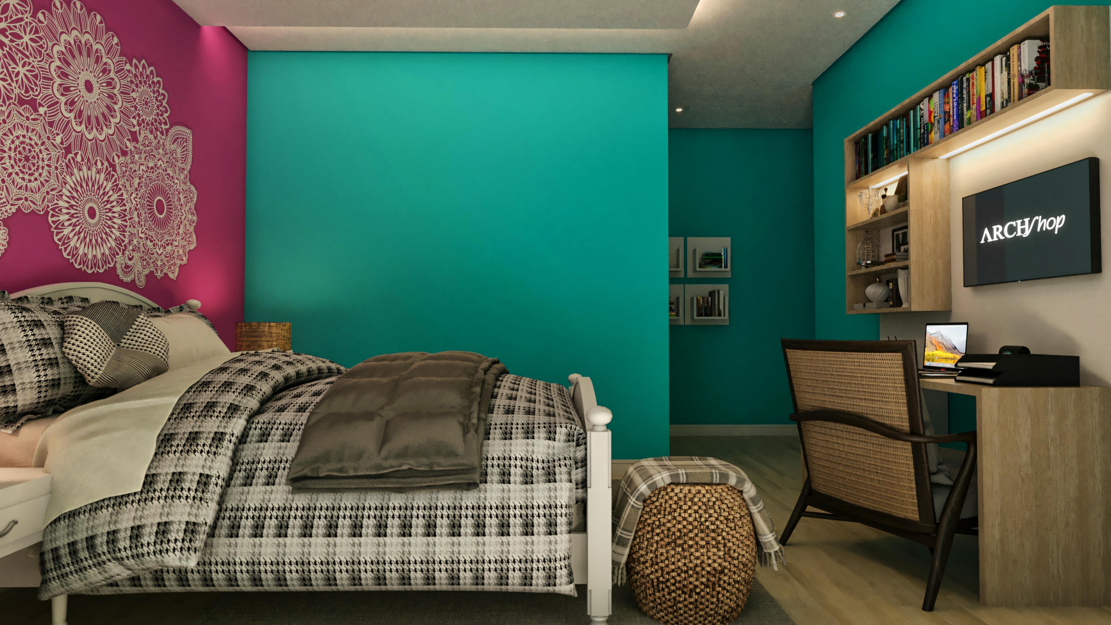 Suíte colorida em casa de alto padrão com 5 quartos, mostrando a cama, paredes vibrantes e área de estudo com escrivaninha, prateleiras e TV.