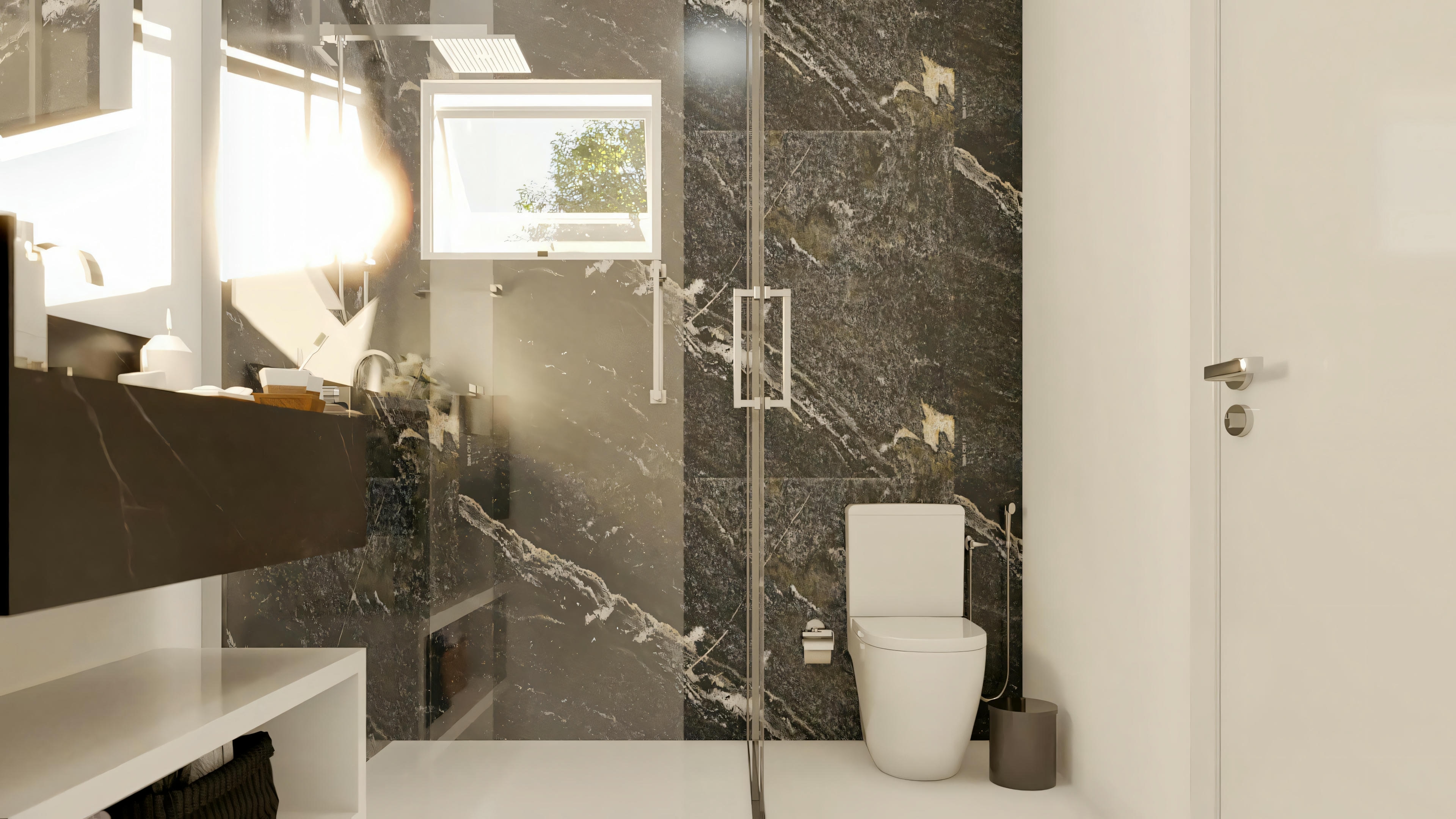 Vista general del aseo de una de las 3 suites en el proyecto residencial Archshop. Aseo moderno con encimera flotante, ducha con revestimiento marmoleado oscuro e inodoro. Detalles de este proyecto de casa con 3 dormitorios y 5 aseos.