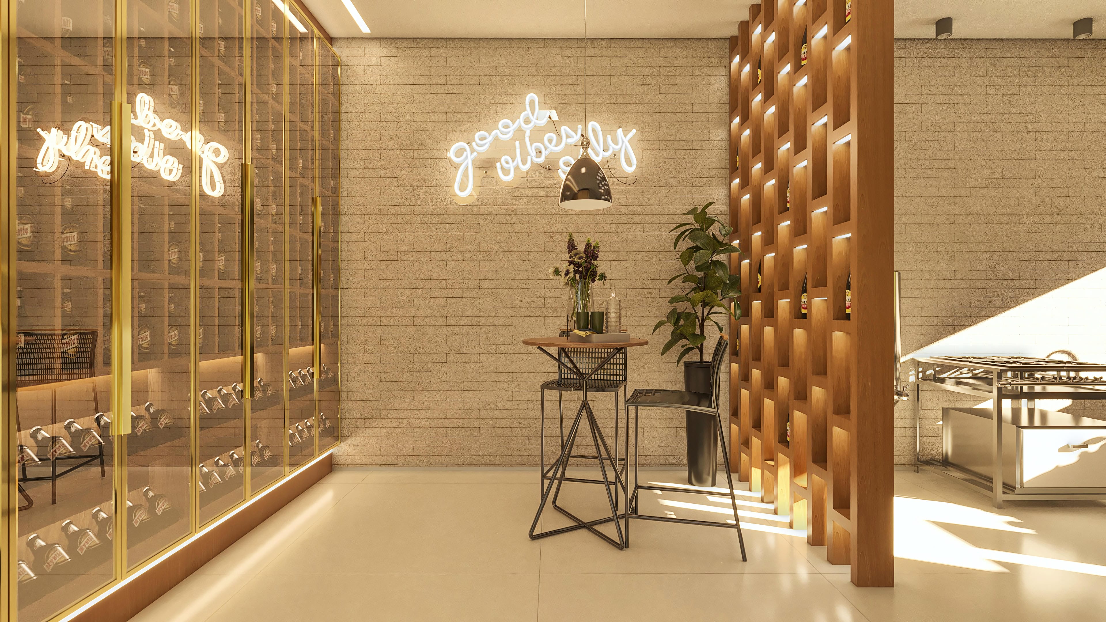 Interior moderno com adega climatizada, bar com iluminação neon, e um painel ripado de madeira com iluminação embutida.