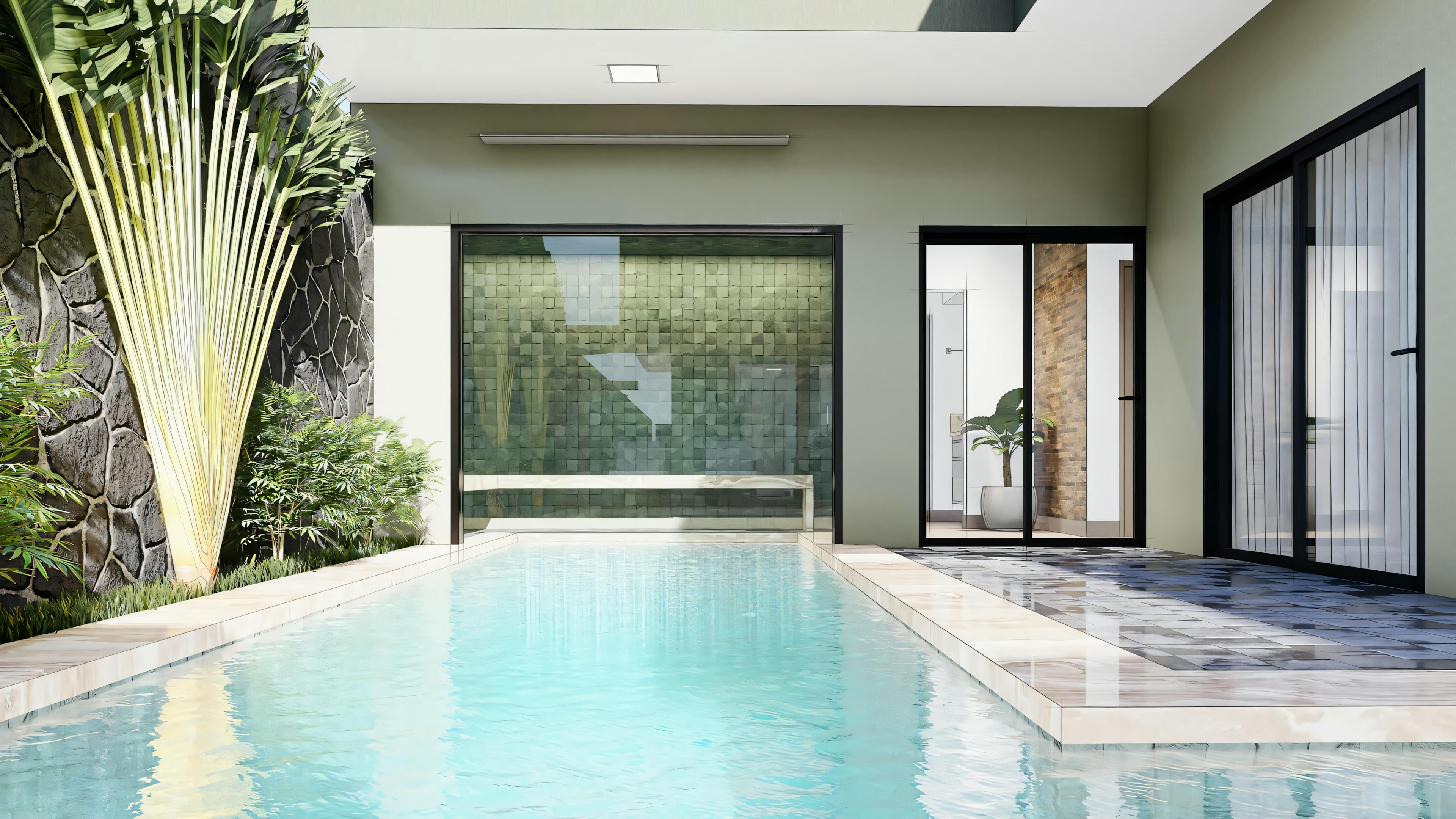Área de piscina com água azul clara, rodeada por azulejos escuros e flanqueada por um edifício com grandes janelas e portas de vidro.
