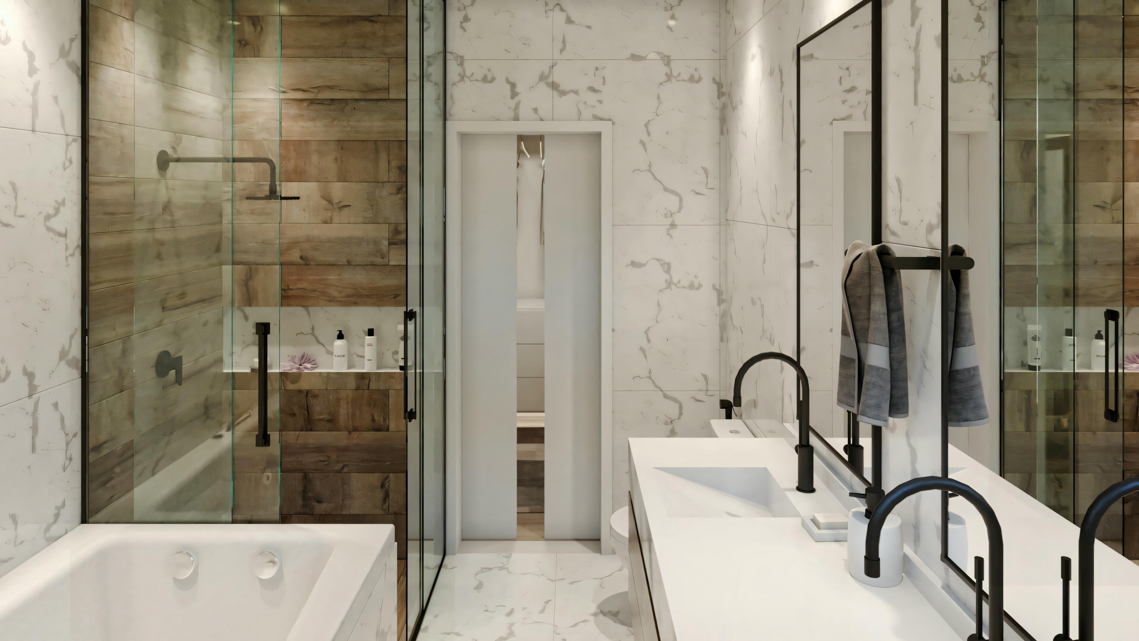 Um banheiro com box de vidro, banheira freestanding, pias duplas com espelhos e toalhas penduradas na parede.